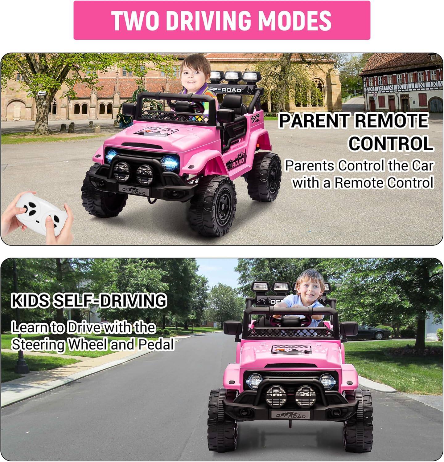 TWO DRIVING MODES

PARENT REMOTE CONTROL
Parents Control the Car with a Remote Control

KIDS SELF-DRIVING
Learn to Drive with the Steering Wheel and Pedal