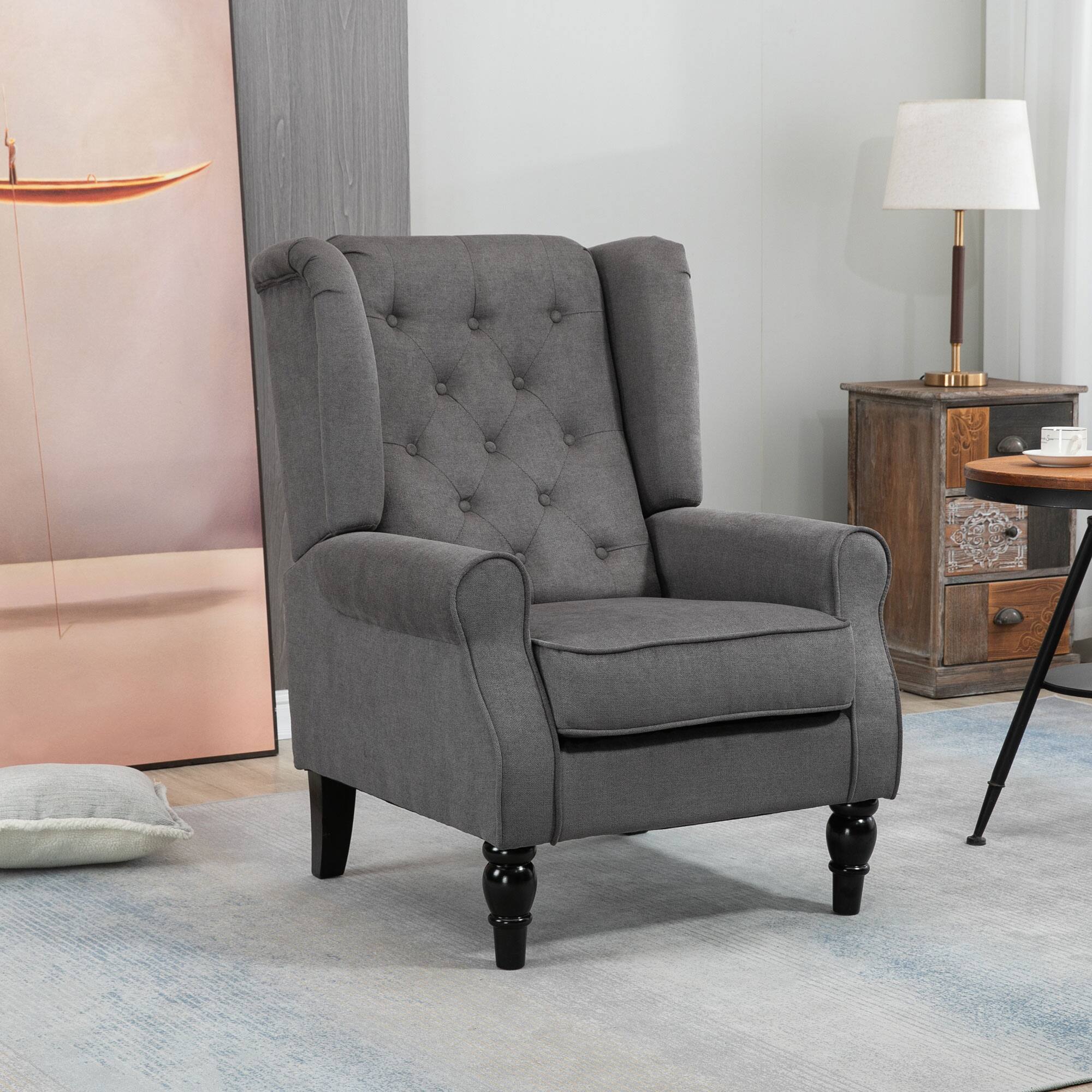 Alt View 1. Homcom - Mid-Century Modern Accent Chair, High Wingback Chair, Button-Tufted Upholstered Fabric Armchair - Dark Gray.