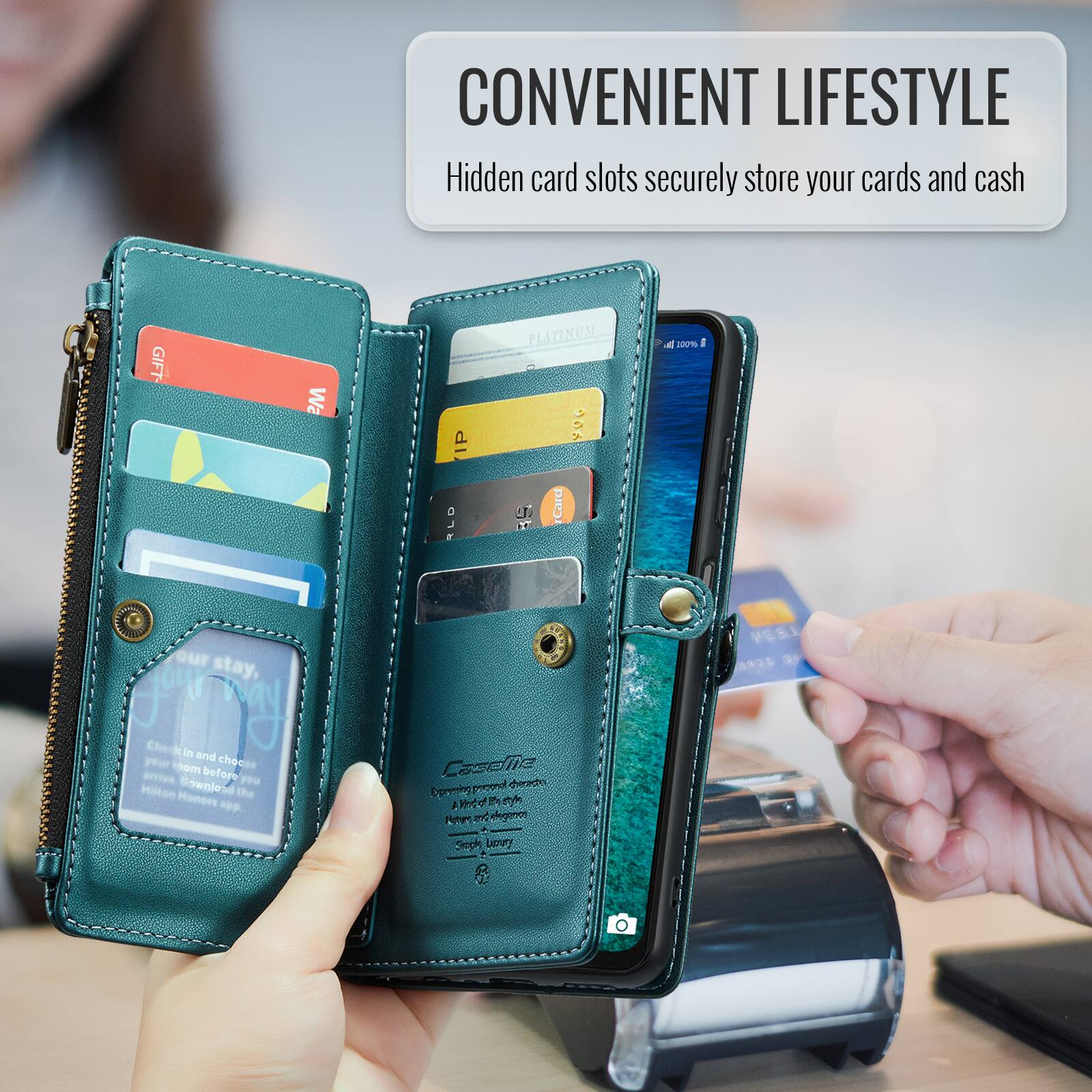 CONVENIENT LIFESTYLE  
Hidden card slots securely store your cards and cash  

GIFT  
Wa IP PLATINUM  

L A 100% I U our stay, J ouTNa Chock in and your chom chocse arvive before you Hilton Sownles the Honors 109 0 Card LD S Caseile publnd ntheracr  

A F o I sy noing_to_trncribe  

aegencn Segk Lerry