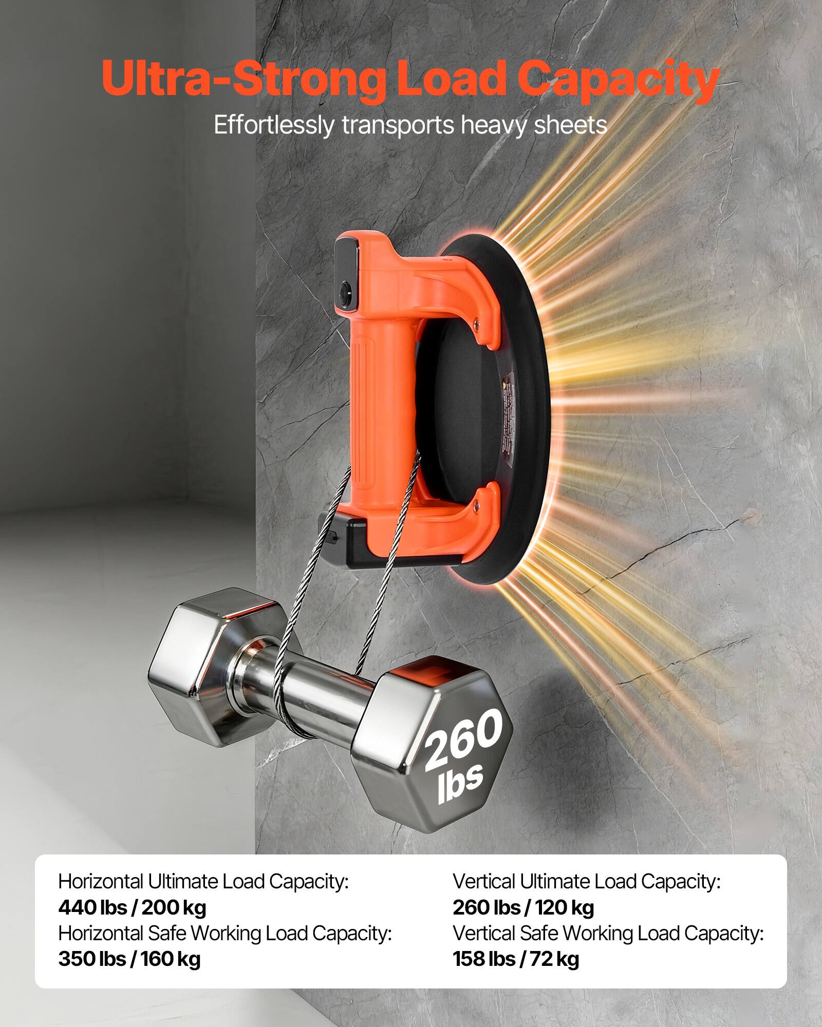 Ultra-Strong Load Capacity  
Effortlessly transports heavy sheets  

Horizontal Ultimate Load Capacity: 440 lbs / 200 kg  
Horizontal Safe Working Load Capacity: 350 lbs / 160 kg  

Vertical Ultimate Load Capacity: 260 lbs / 120 kg  
Vertical Safe Working Load Capacity: 158 lbs / 72 kg