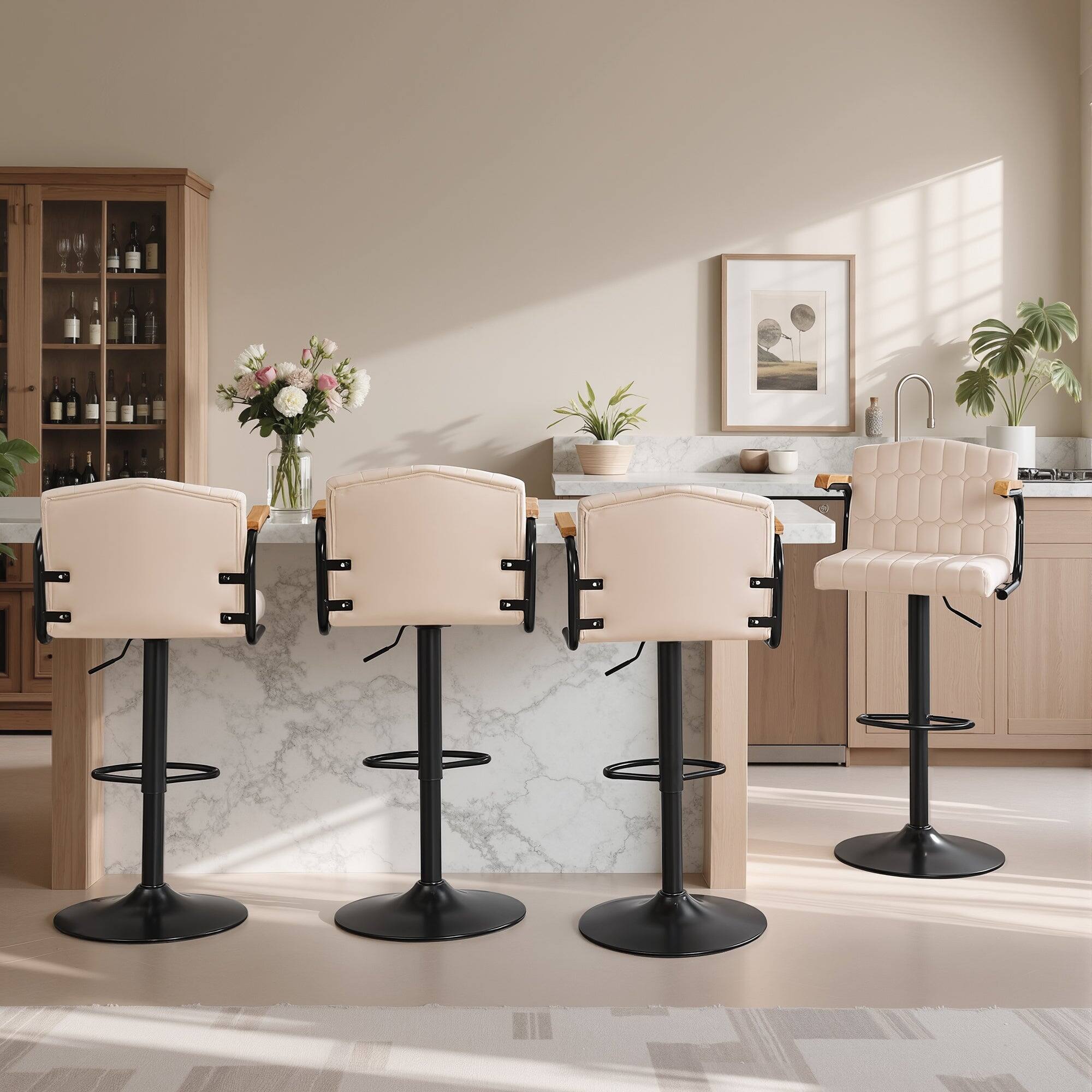 Vecelo - Set of 4 Swivel Bar Stools with Adjustable Height - Flocking Upholstered Counter Height Stools with Footrest - Beige