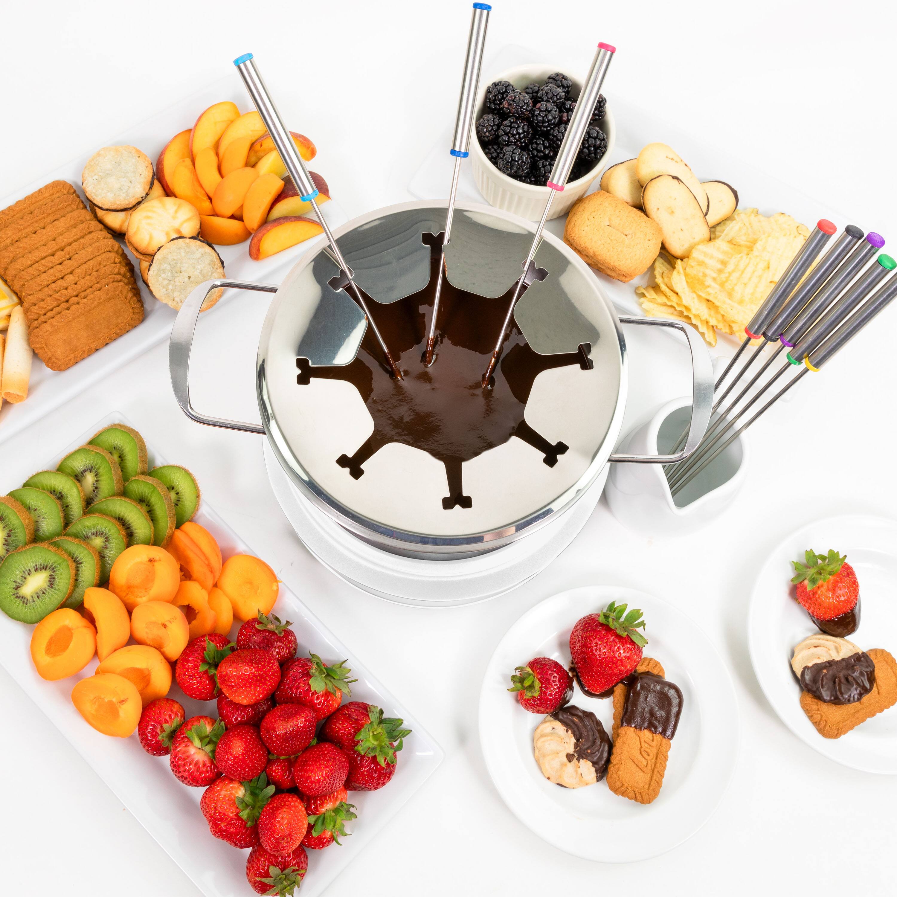 Alt View 4. Nostalgia - 8-Cup Fondue Dipping Pot with 6 Fondue Forks - White and Stainless Steel.