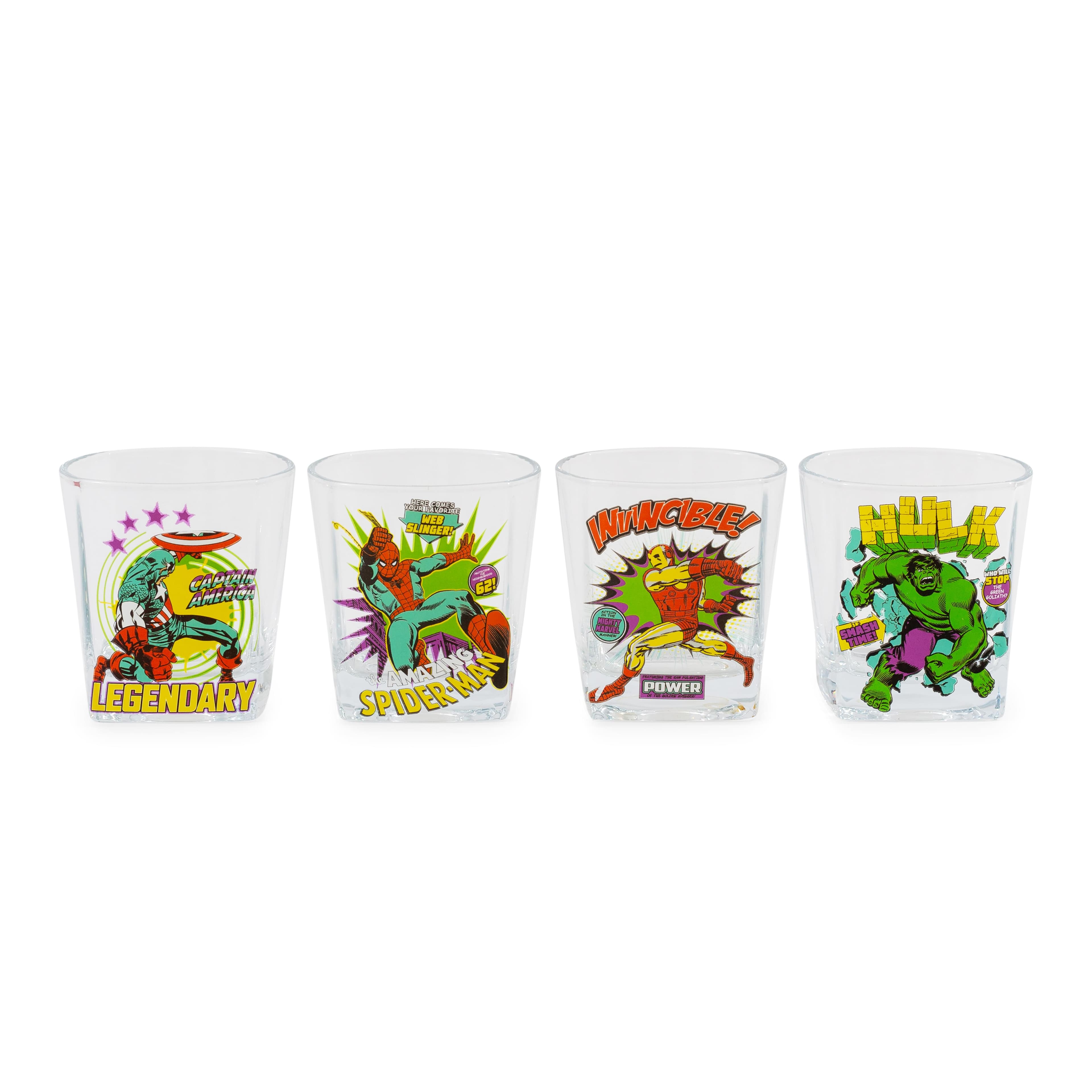 Marvel Comics Superheroes 9 Ounce Rock Glasses | Set of 4 Clear