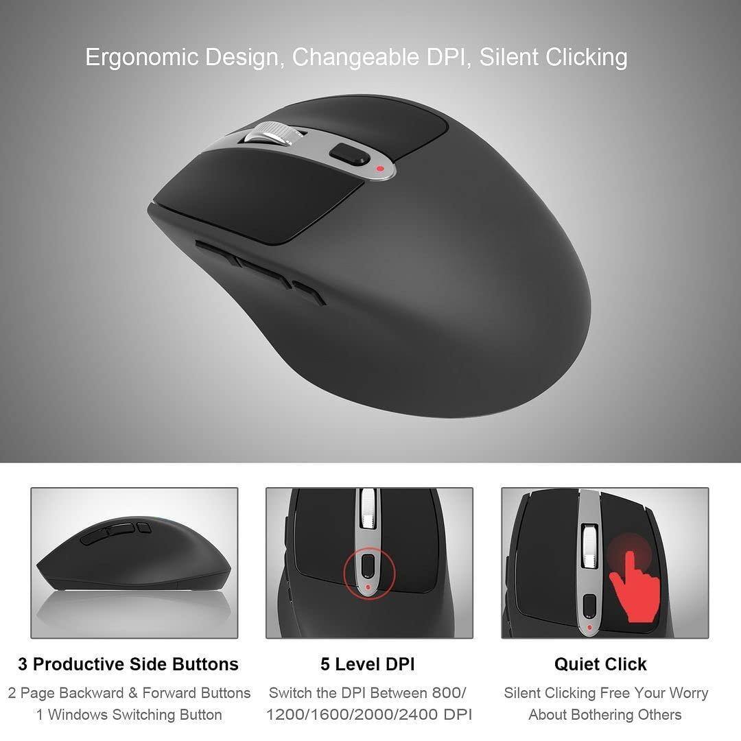 Ergonomic Design, Changeable DPI, Silent Clicking

3 Productive Side Buttons
- 2 Page Backward & Forward Buttons
- 1 Windows Switching Button

5 Level DPI
- Switch the DPI Between 800/1200/1600/2000/2400 DPI

Quiet Click
- Silent Clicking Free Your Worry About Bothering Others