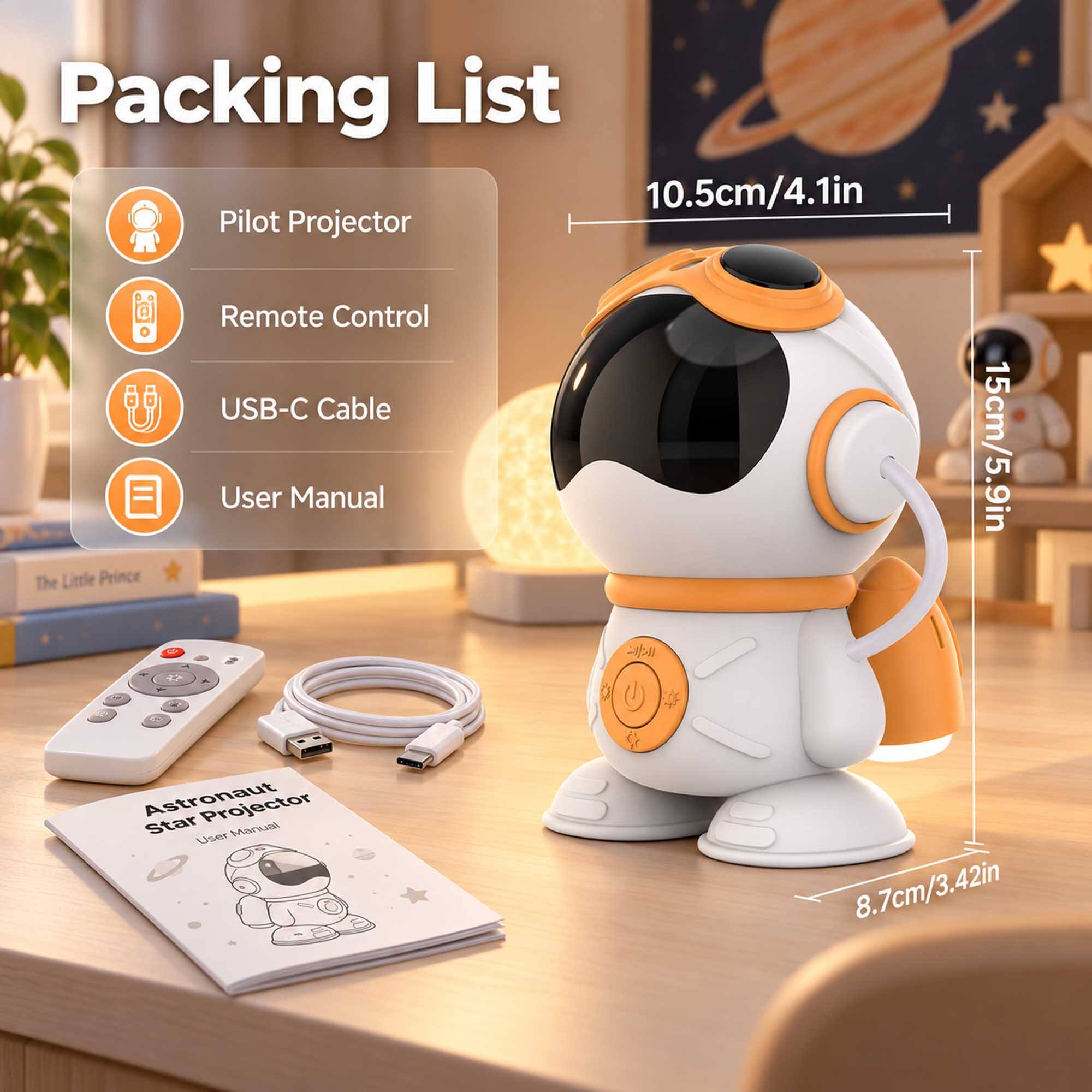Packing List

- Pilot Projector
- Remote Control
- USB-C Cable
- User Manual

10.5cm/4.1in  
15cm/5.9in  
8.7cm/3.42in