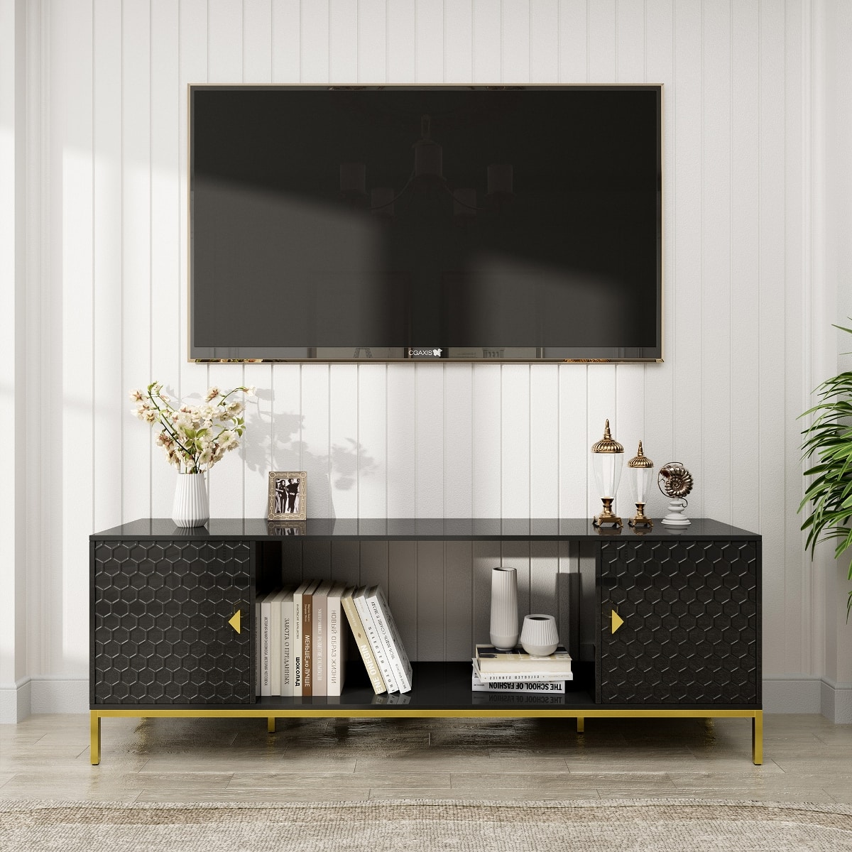 Loheer - 70 Inch TV Stand Heavy Duty Wood Media Console with Storage - Black