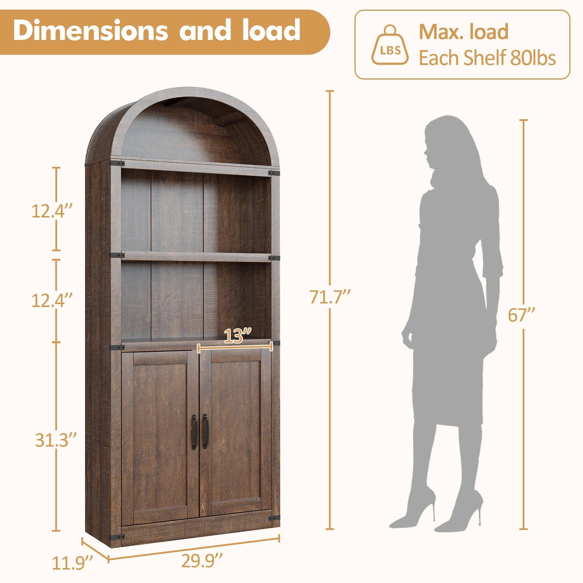 Dimensions and load  
Max. load Each Shelf 80lbs  
12.4"  
12.4"  
13"  
71.7"  
67"  
31.3"  
11.9"  
29.9"