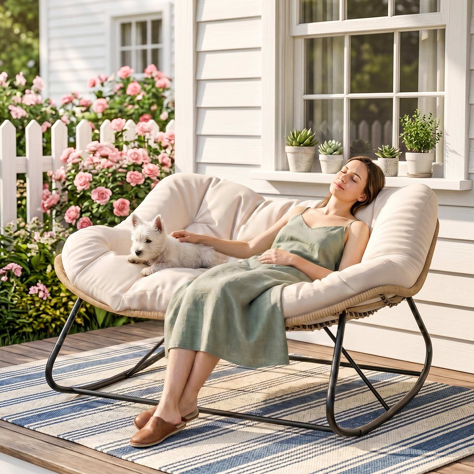 Alt View 1. Outsunny - Outdoor Double Papasan Rocking Chair, Oversized Rocking Egg Chair with Cushion for Garden, Patio - Cream White.