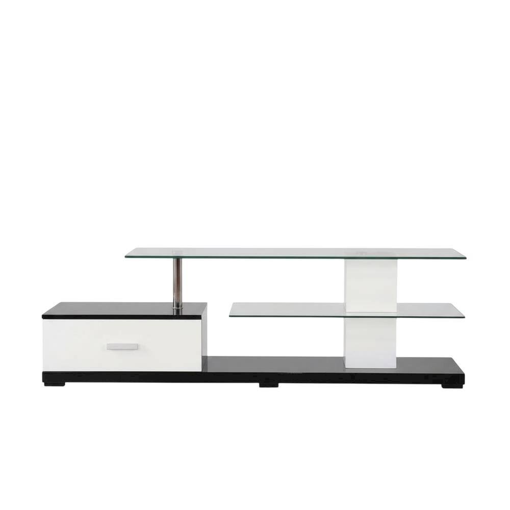 Alt View 3. FurniFact - Modern White and Black TV Stand with Glass Shelves and Chrome Frame - Brown.