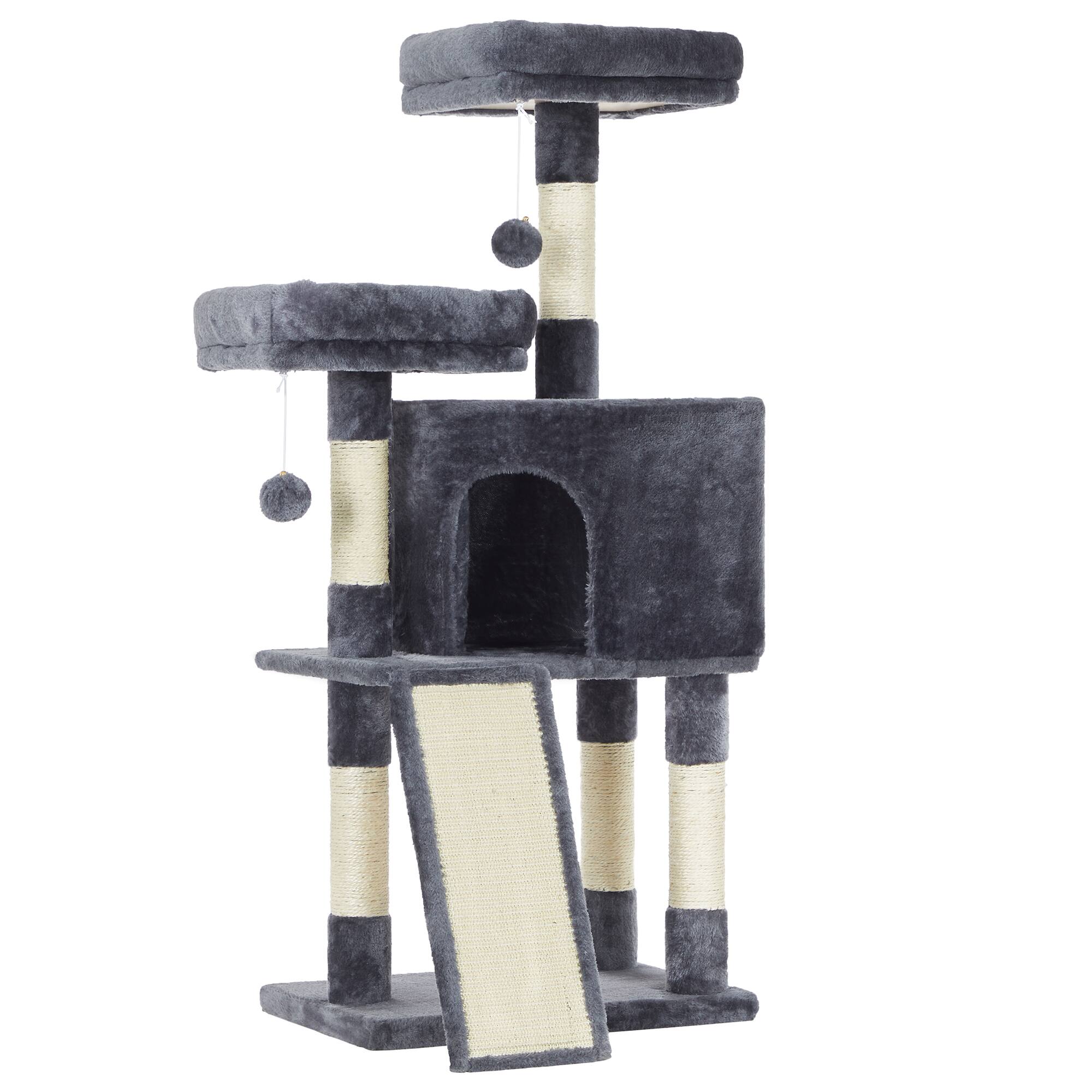 Songmics Home - Cat Tree, 44.9-Inch Cat Tower, Plush Condo with Scratching Post, Ramp, Perch, Spacious Cave, for Small Space - Smoky Gray