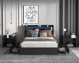 LUCKY ONE - Full Size Bed Frame with 4 Storage Drawers and Storage Shelf - Black