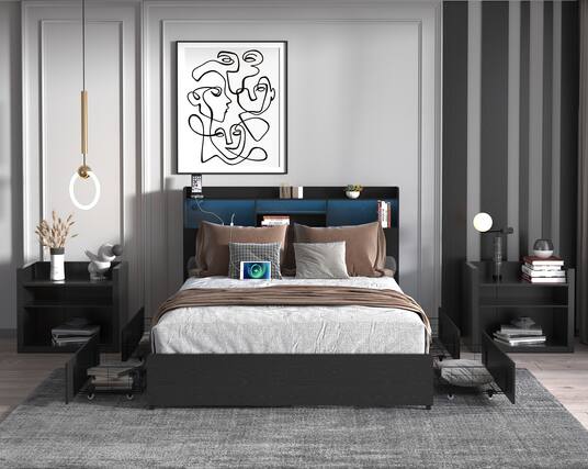 Front. LUCKY ONE - Full Size Bed Frame with 4 Storage Drawers and Storage Shelf - Black.