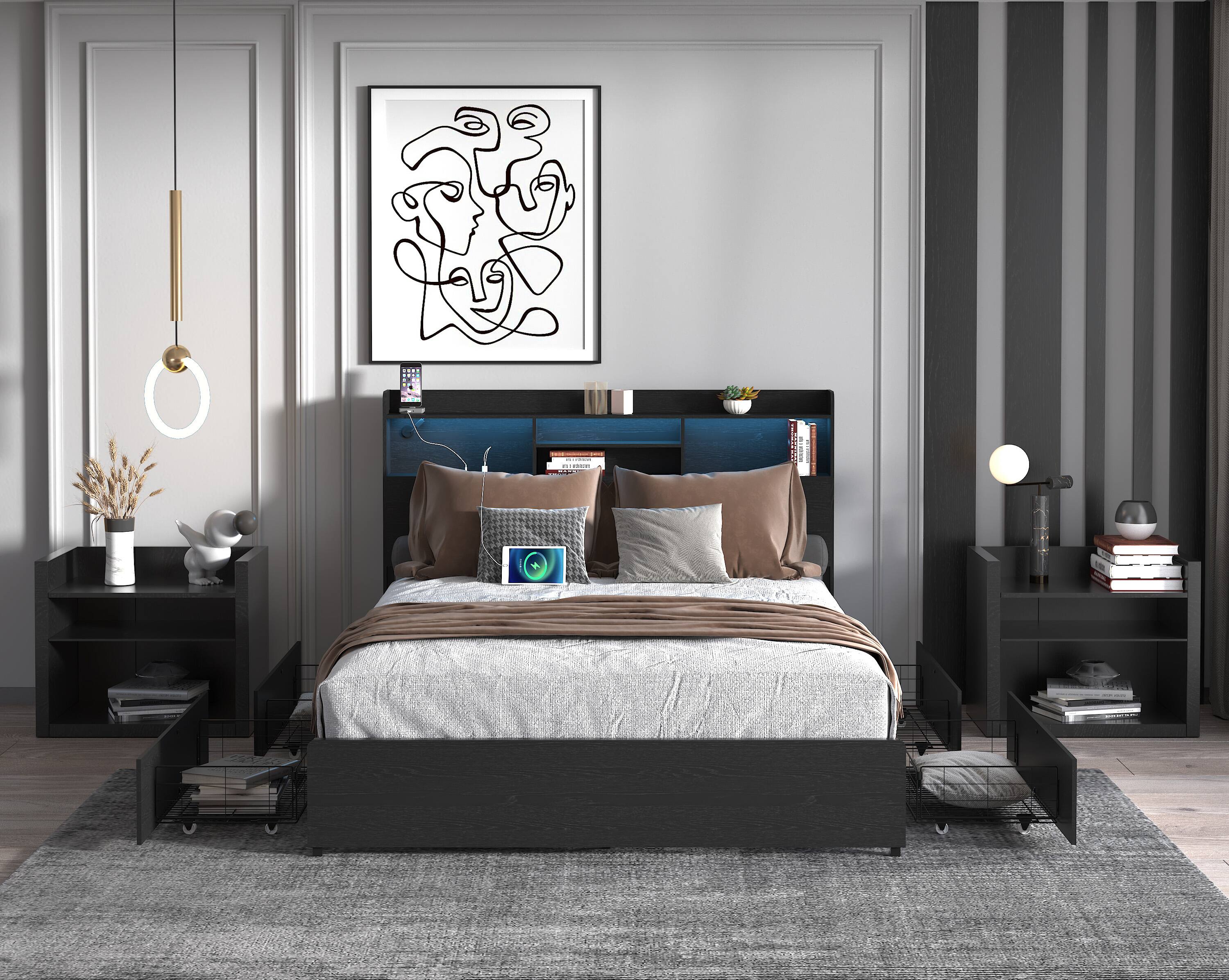 Front. LUCKY ONE - Full Size Bed Frame with 4 Storage Drawers and Storage Shelf - Black.