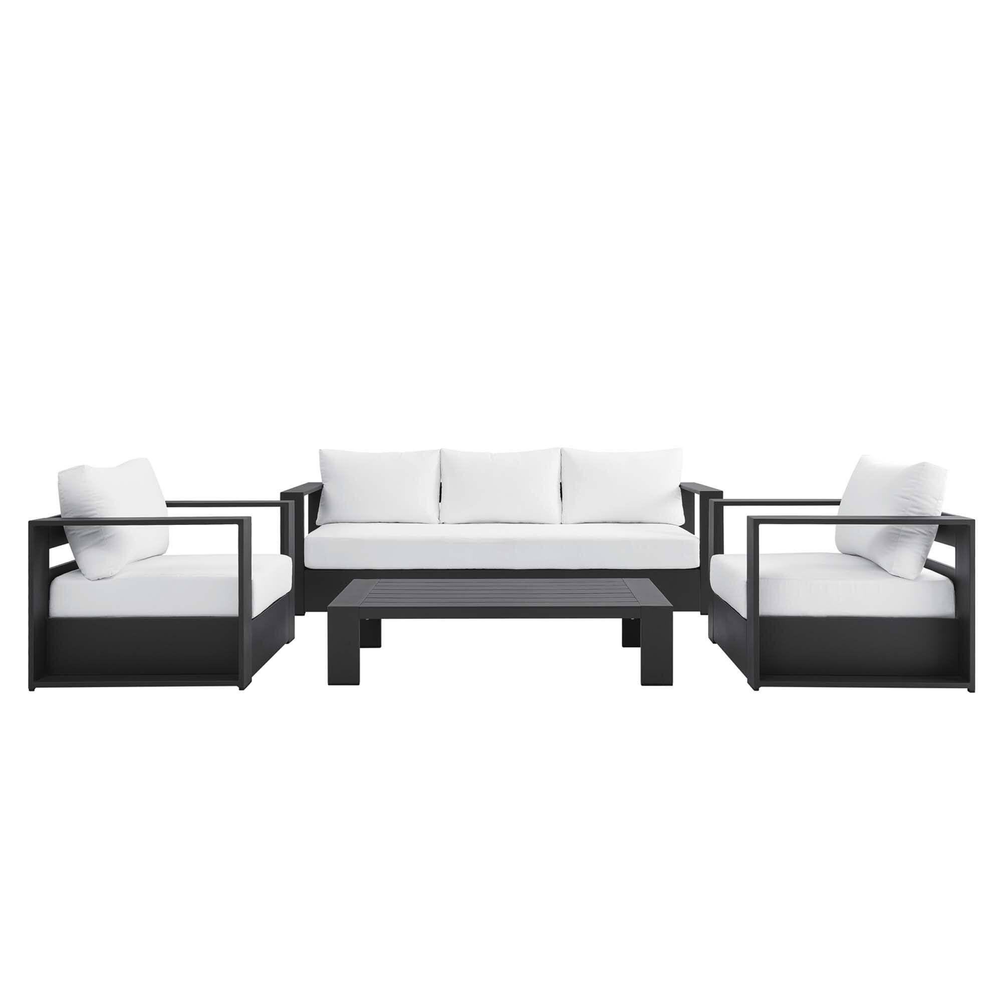 Alt View 1. Modway - Tahoe 4-Piece Outdoor Patio Set - Powder-Coated Aluminum, Cushioned Sofa, 2 Armchairs, Coffee Table - Gray White.