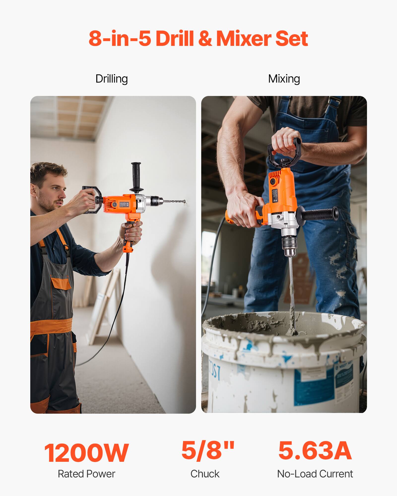8-in-5 Drill & Mixer Set

Drilling
Mixing

1200W Rated Power
5/8" Chuck
5.63A No-Load Current
