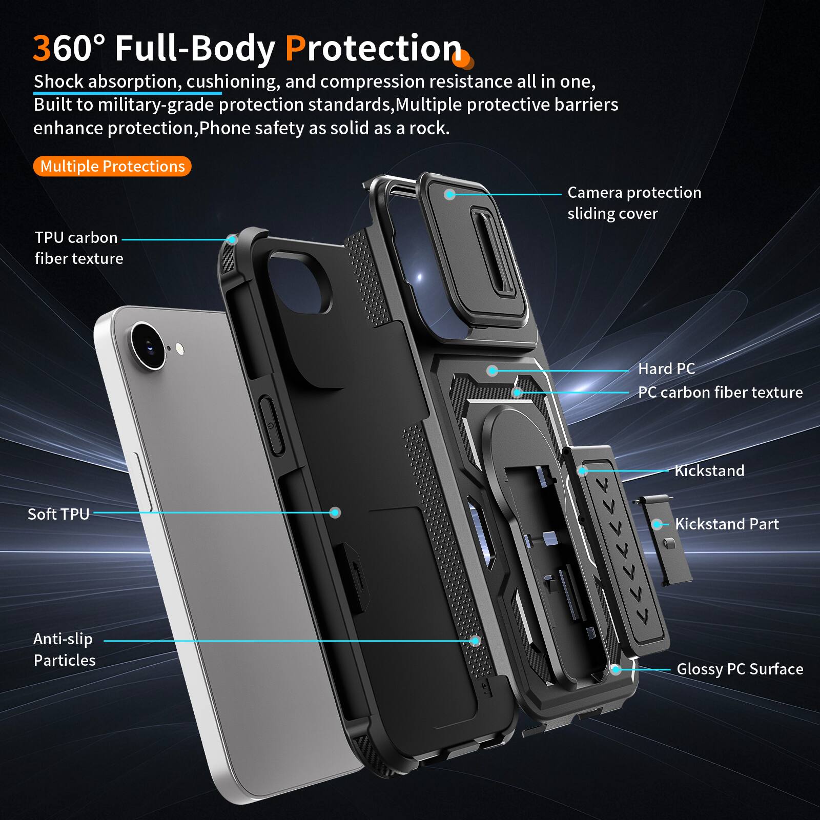 360° Full-Body Protection

Shock absorption, cushioning, and compression resistance all in one, Built to military-grade protection standards, Multiple protective barriers enhance protection, Phone safety as solid as a rock.

Multiple Protections

- TPU carbon fiber texture
- Camera protection sliding cover
- Hard PC
- PC carbon fiber texture
- Soft TPU
- Kickstand
- Kickstand Part
- Anti-slip Particles
- Glossy PC Surface