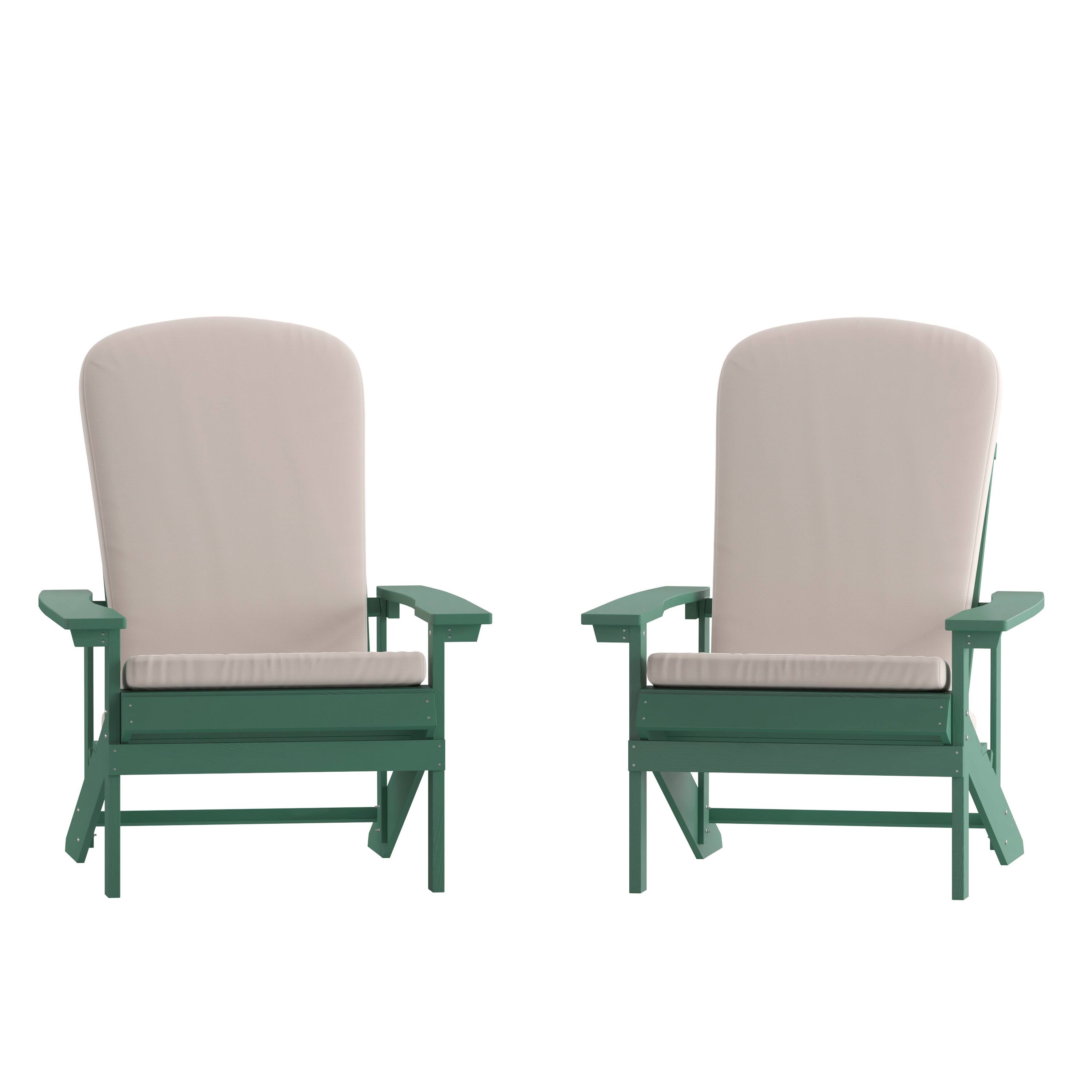 Front. Emma + Oliver - Hammond Set of Two All-Weather Polyresin Adirondack Chairs with Cushions - Cream Cushions/Green Frame.
