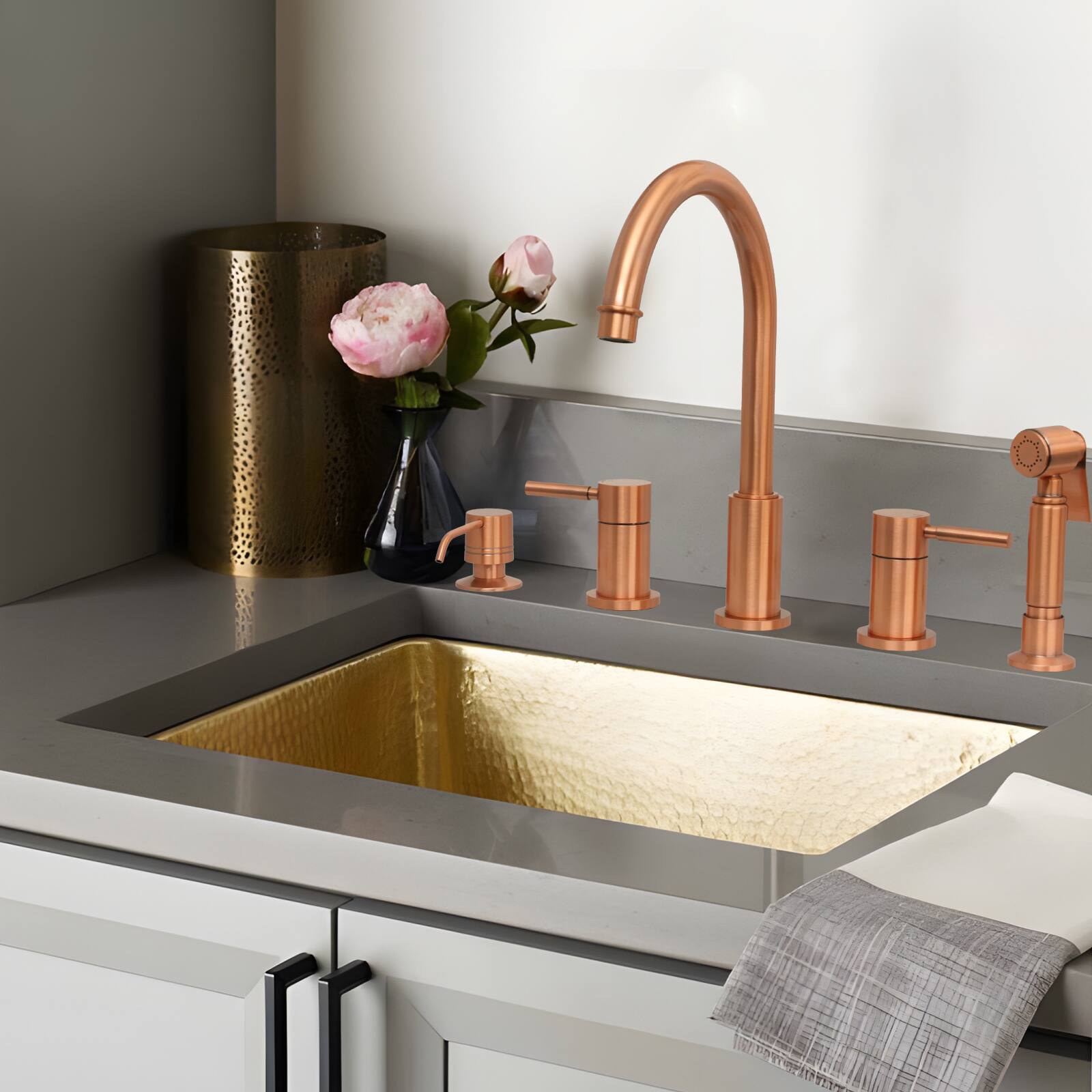 Alt View 5. Akicon - Akicon Brass Built-in Soap Dispenser for Kitchen Sink Refill from Top with 17 oz. Bottle in Copper - Copper.