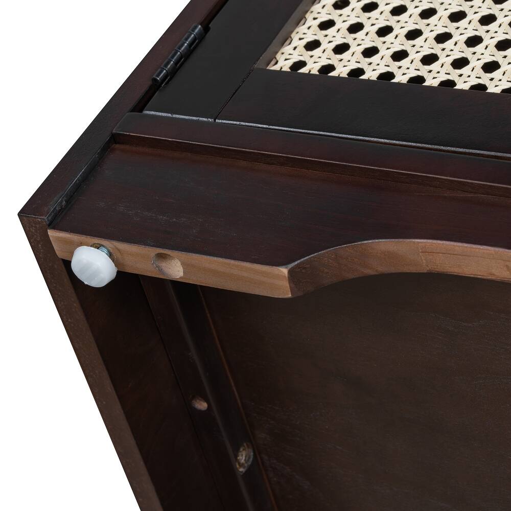 Left. Ropilly - Ropilly Rustic Wood Entryway Storage Bench with Rattan Doors Removable Cushion Adjustable Shelves Espresso - Espresso.