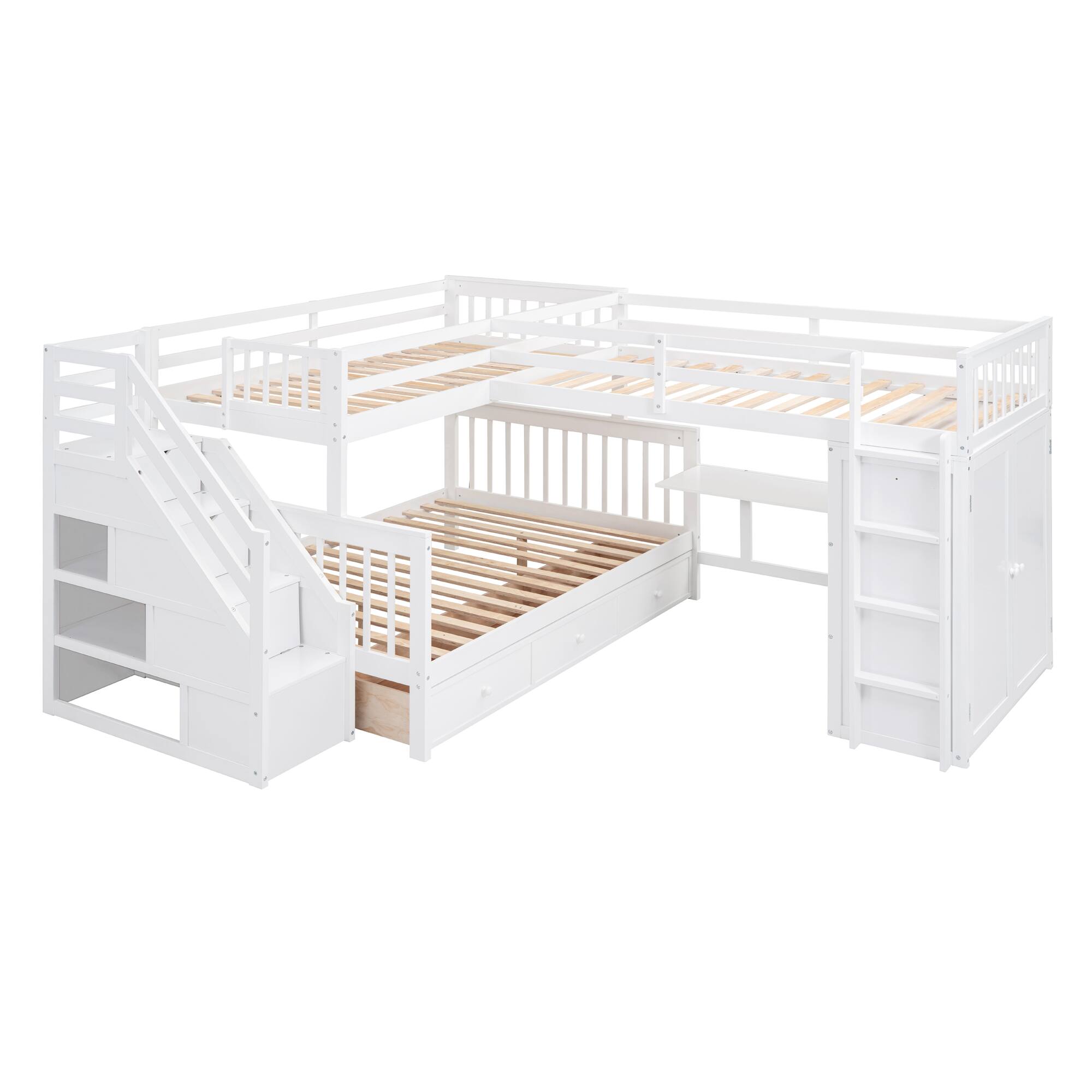Alt View 9. Tiramisubest - Twin-Twin L-Shaped Bunk Bed, 3 Drawers, Portable Desk, Wardrobe, White - White.
