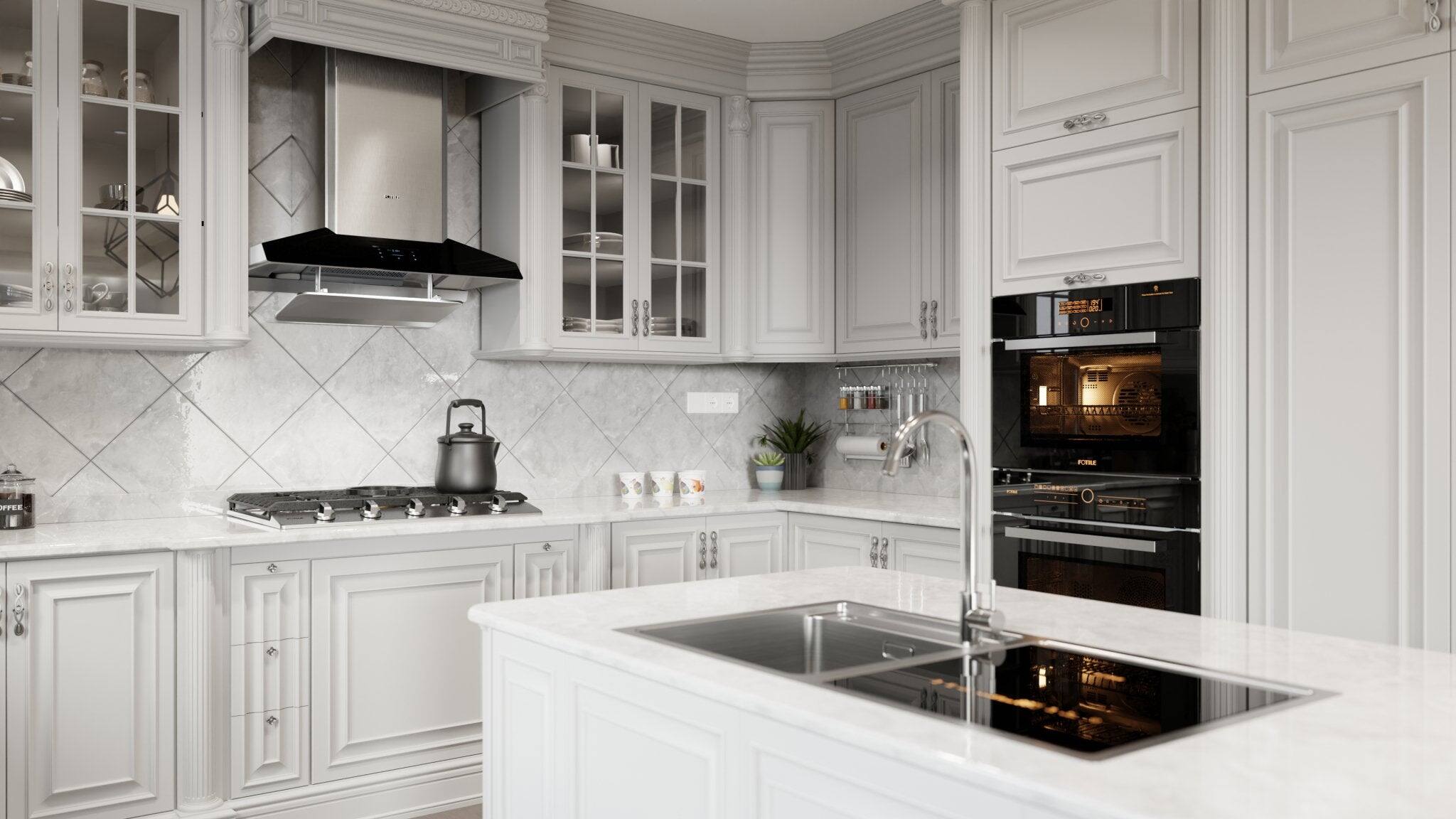 The image shows a large, white kitchen with white cabinets, a stove, a sink, and a microwave. The kitchen is well-equipped with various appliances and utensils, including a toaster, a kettle, a knife, a spoon, a bowl, and a potted plant. The countertops are white, and the kitchen has a clean and organized appearance.