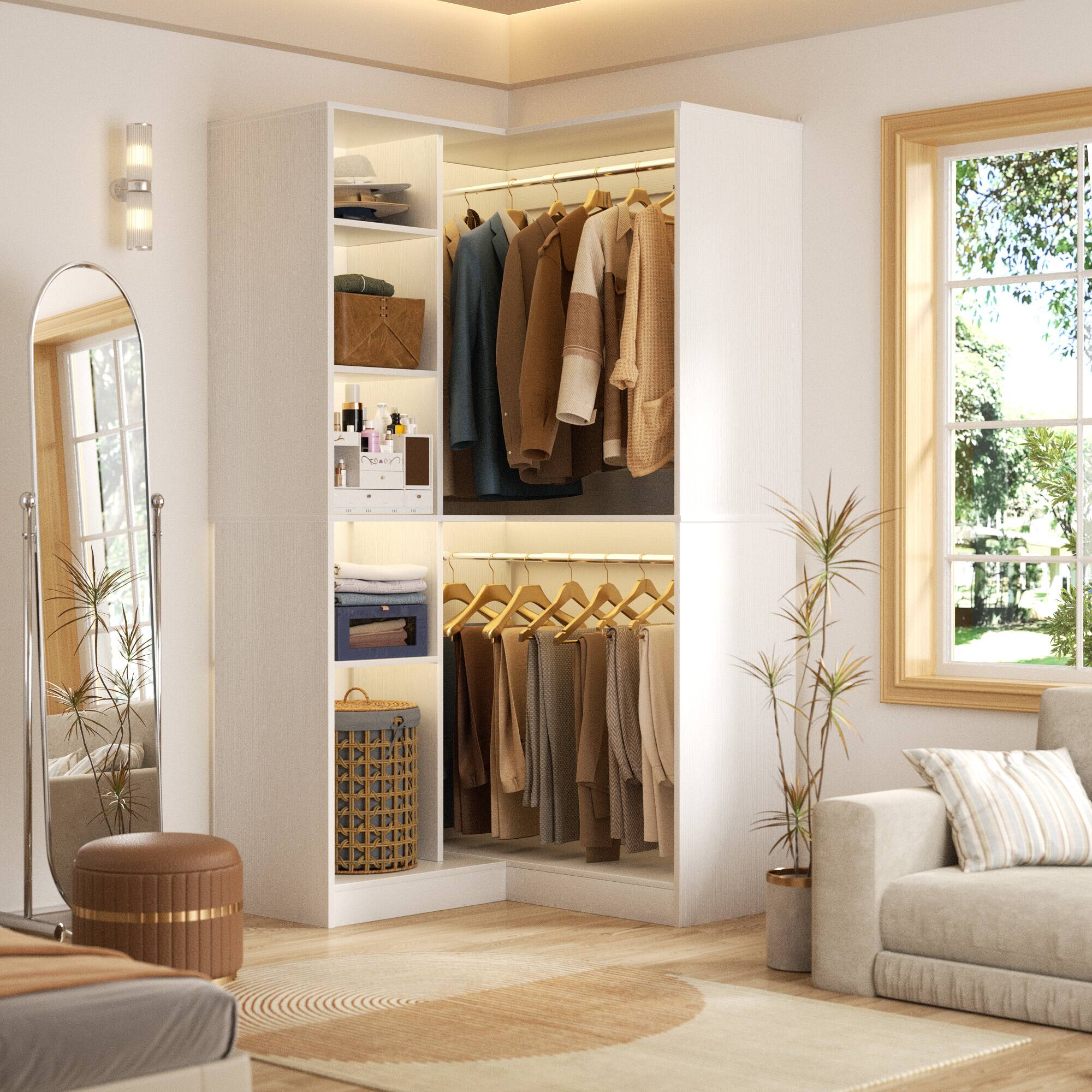 Back. Aheaplus - 36"Corner Closet Organizer: Freestanding System With 2 Rods & 8 Shelves (36"W x 16"D x 80"H) - White.