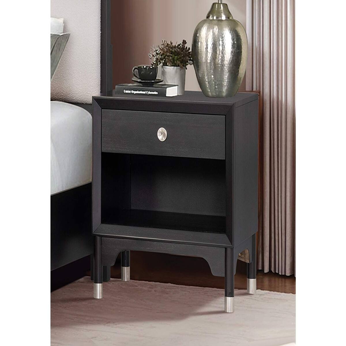 Alt View 3. Loheer - Loheer Black Mid Century Modern Nightstand with USB-A and USB-C Charging Ports - Black.