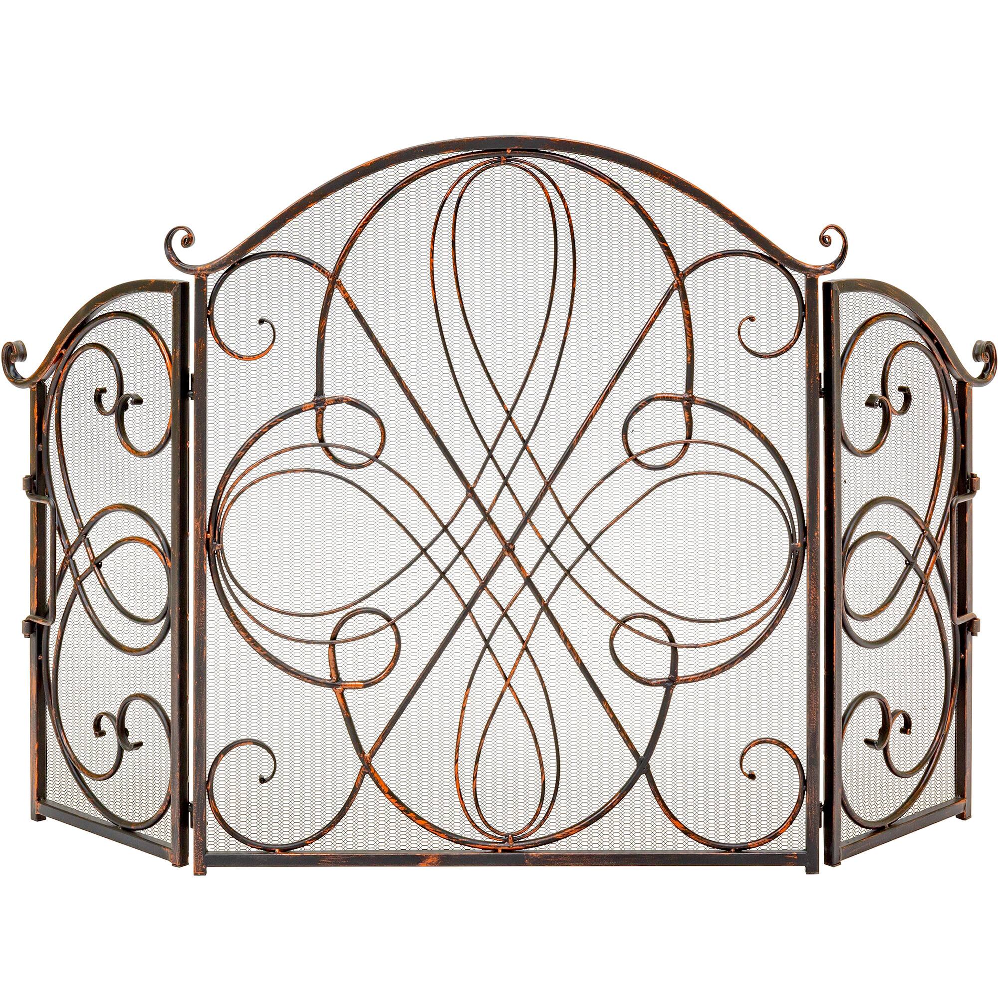 Front. Best Choice Products - Best Choice Products 3-Panel 55x33in Wrought Iron Fireplace Safety Screen Decorative Scroll Spark Guard Cover -  Copper - Copper.