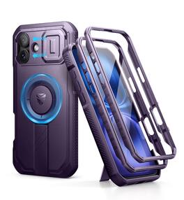Dexnor - Shockproof Bumper Case for iPhone 16 Plus Compatible with MagSafe, Camera Cover, Adjustable Kickstand, Screen Protector - Phantom Purple