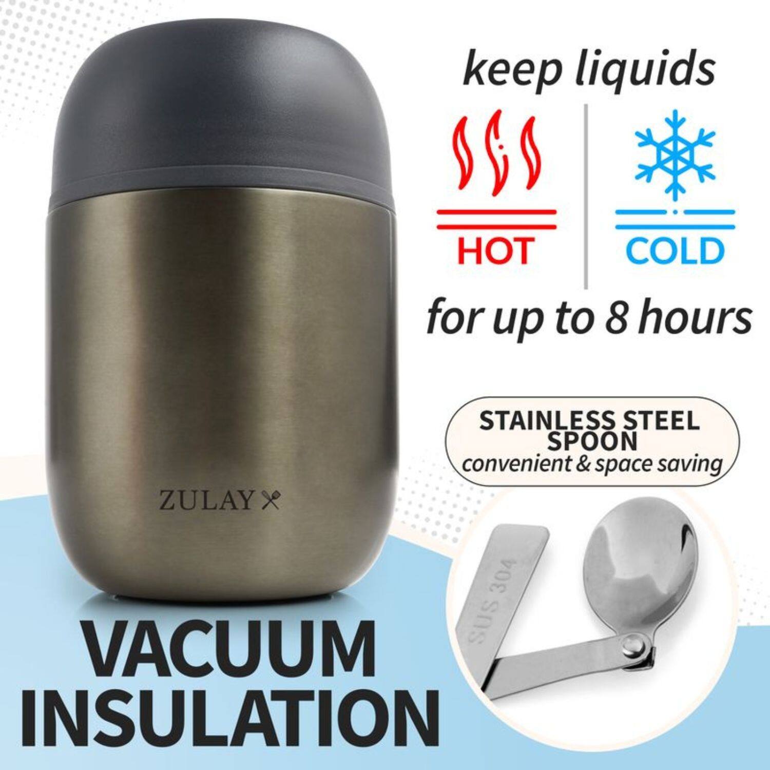 ZULAY x, STAINLESS STEEL SPOON, VACUUM INSULATION, keep liquids HOT COLD for up to 8 hours, convenient & space saving 304