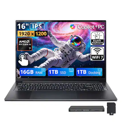 16" IPS CAR 1920 X 1200 Copilot+PC + PC A AMD2 RYZEN AI Backlit Keyboard 7 WiFi 7 16GB RAM 1TB SSD 1TB Docking