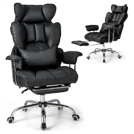 Front. Costway - Big and Tall Executive Office Chair with Footrest Lumbar Support - Black.