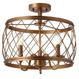 Jonathan Y - Eleanor 15" 3-Light Metal LED Semi Flush Mount Ceiling Light - Antiqued Gold