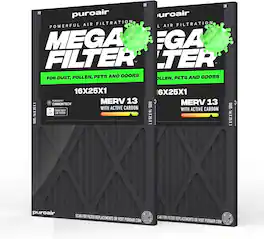 PuroAir - 16x25x1 HVAC Mega Filter MERV 13 Pleated Plus Activated Carbon Air Filter (2-Pack) - Black
