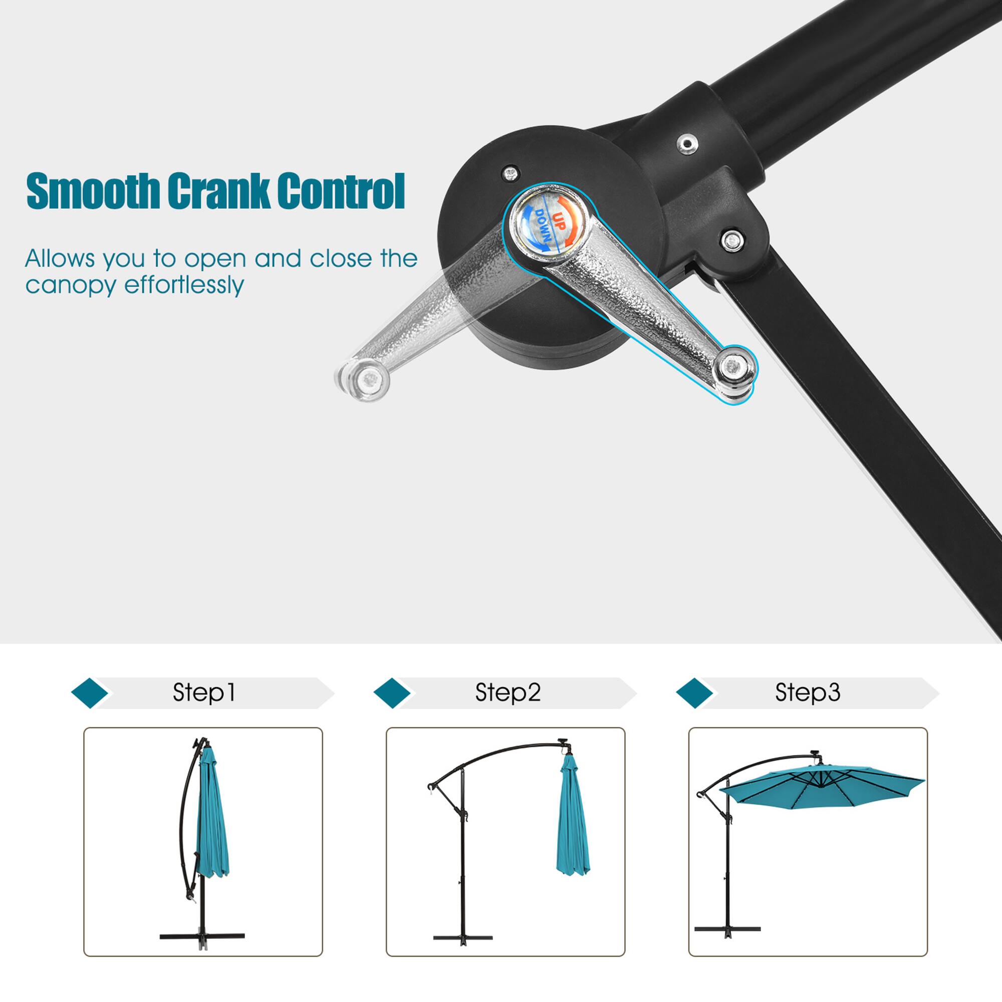 Smooth Crank Control  
Allows you to open and close the canopy effortlessly

Step 1  
Step 2  
Step 3