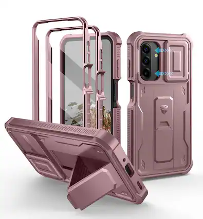 Front. Dexnor - for Samsung Galaxy A17 5G Phone Case with Screen Protector, Slide Camera Cover and Kickstand Shockproof Protective Cover - Peony Pink.