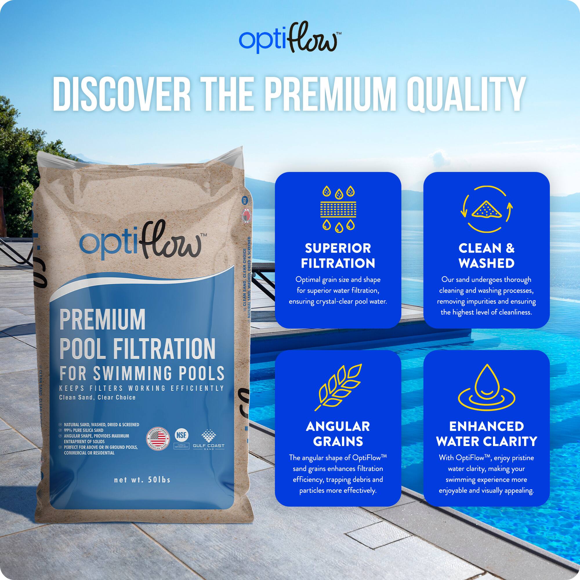 **OptiFlow™**

**Discover the Premium Quality**

**Premium Pool Filtration for Swimming Pools**

**Keeps Filters Working Efficiently**

**Clean Sand, Clear Choice**

- **Superior Filtration**
  - Optimal grain size and shape for superior water filtration, ensuring crystal-clear pool water.

- **Clean & Washed**
  - Our sand undergoes thorough cleaning and washing processes, removing impurities and ensuring the highest level of cleanliness.

- **Angular Grains**
  - The angular shape of OptiFlow™ sand grains enhances filtration efficiency, trapping debris and particles more effectively.

- **Enhanced Water Clarity**
  - With OptiFlow™, enjoy pristine water clarity, making your swimming experience more enjoyable and visually appealing.

**Natural Sand, Washed, Dried & Screened**
- 99% Pure Silica Sand
- 1% Maximum of Other Materials
- Intended for Use in Above Ground Pools
- Perfect for Gulf Coast or Residential
- Commercial or Residential

**NSF Certified**
**Gulf Coast**

**Net wt. 50lbs**