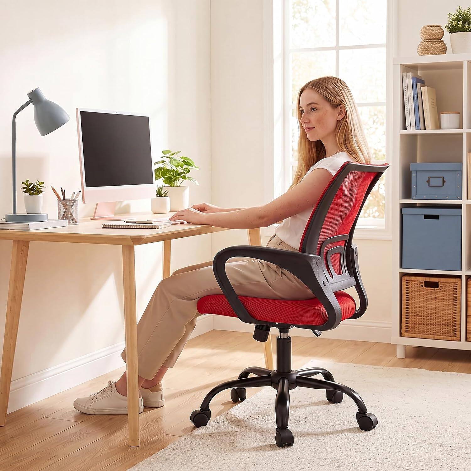 Alt View 3. Sweet - Office Desk Chair, Mid-Back Swivel Ergonomic Chair with Lumbar Support, Rocking Mode, Height Adjustable for Home, Office - Red.