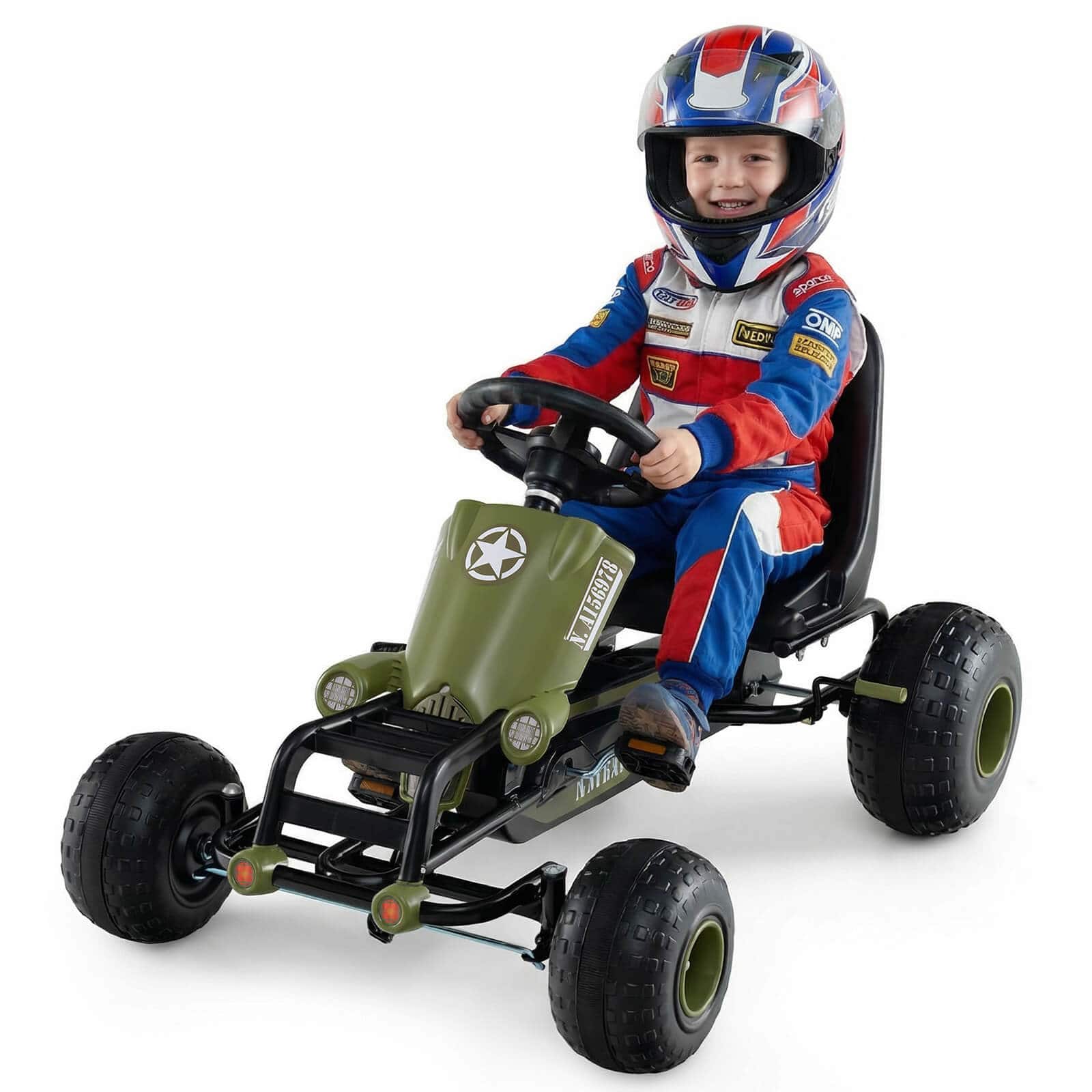 Costway - 4-Wheel Pedal Go Kart with Safety Hand Brake, Steering Wheel and Adjustable Seat - Army Green