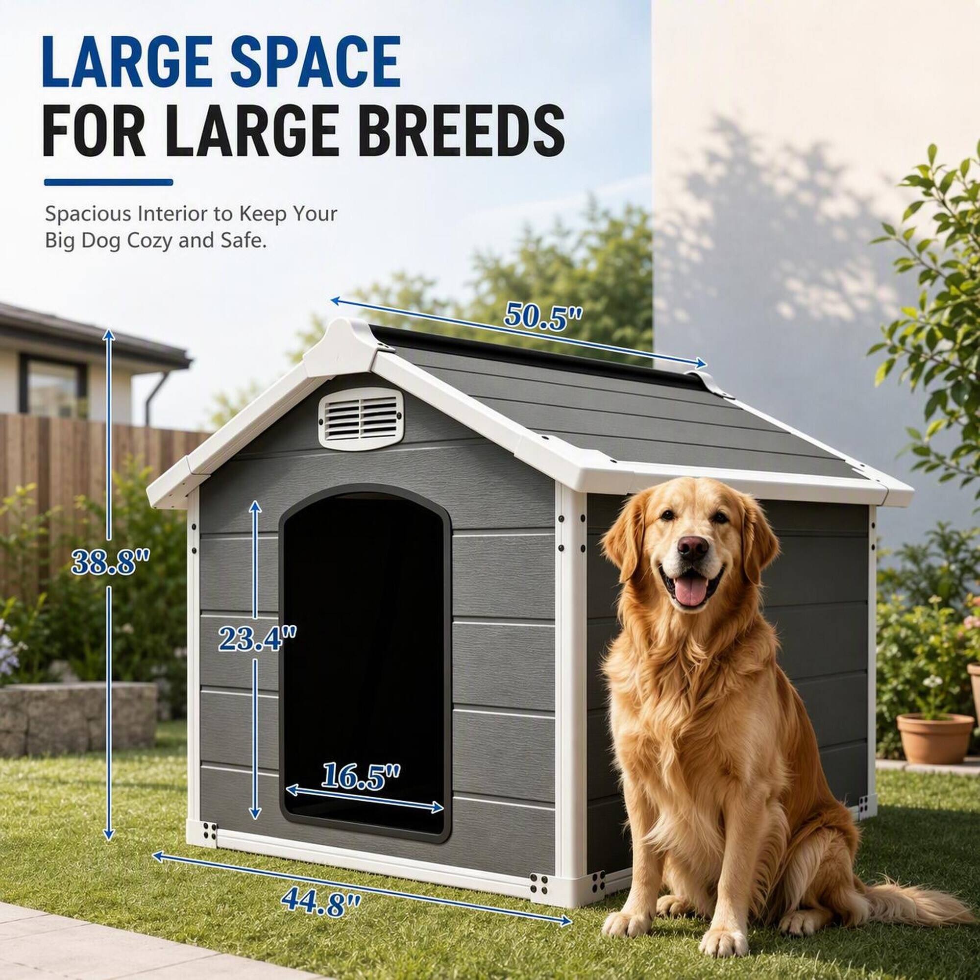 LARGE SPACE FOR LARGE BREEDS  
Spacious Interior to Keep Your Big Dog Cozy and Safe.  
50.5"  
38.8"  
23.4"  
16.5"  
44.8"