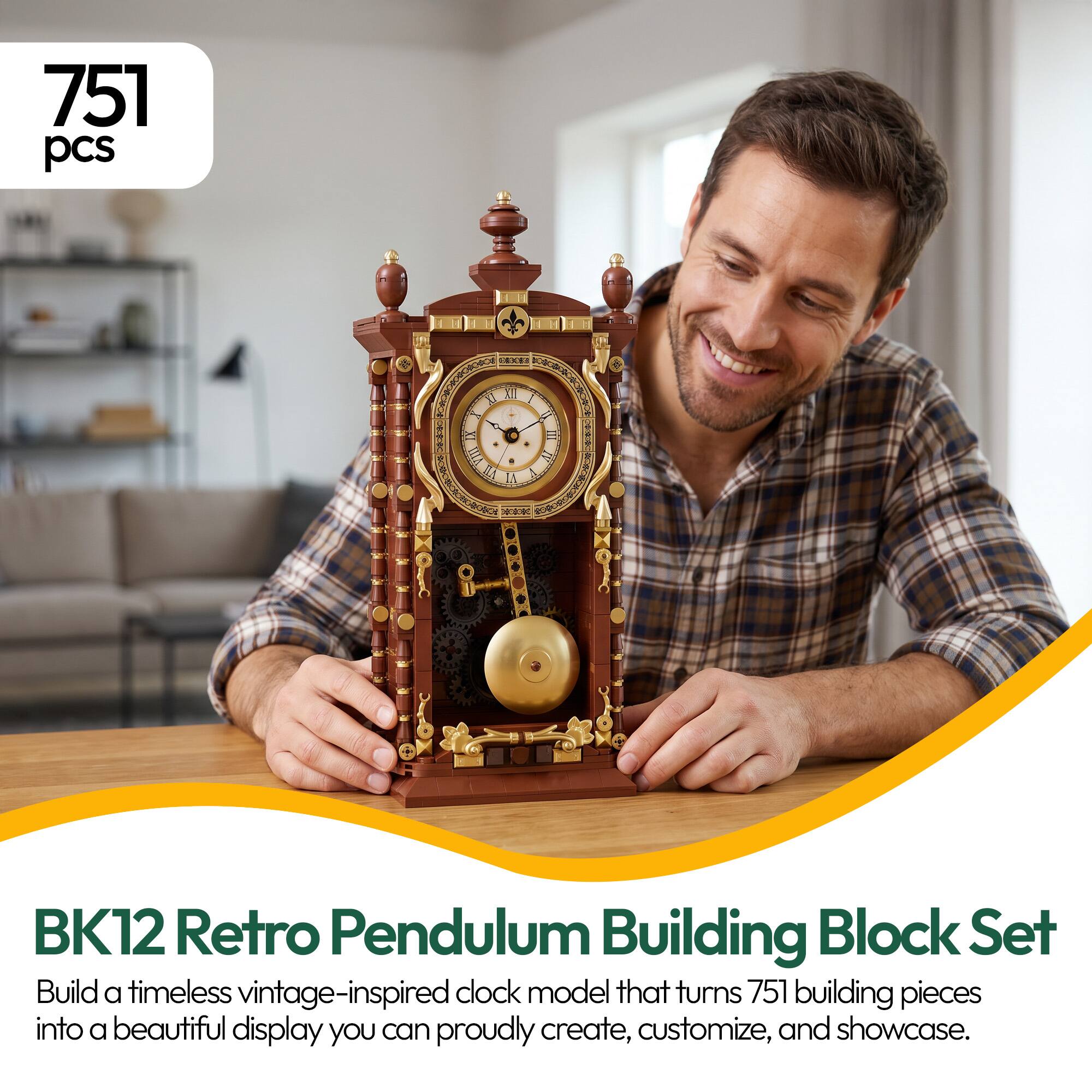 751 pcs

BK12 Retro Pendulum Building Block Set

Build a timeless vintage-inspired clock model that turns 751 building pieces into a beautiful display you can proudly create, customize, and showcase.