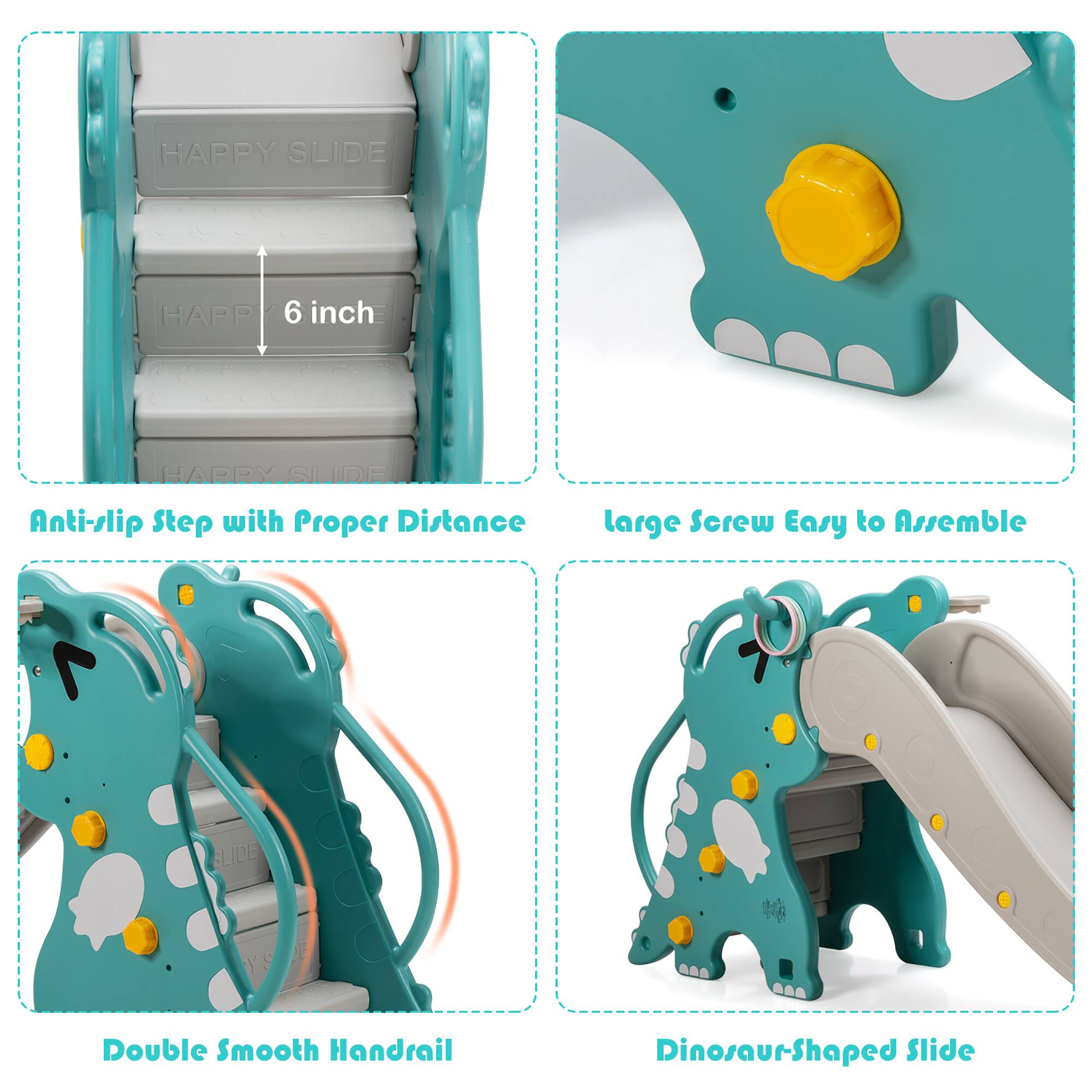 HAPPY SLIDE 6 inch HAPPY SLIDE Anti-slip Step with Proper Distance large Screw Easy to Assemble Double Smooth Handrail Dinosaur-Shaped Slide
