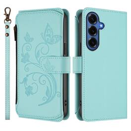 Dteck - Crossbody Wallet Case for Samsung Galaxy S26+,Embossed Butterfly Flower Folio PU Leather Cover with Zipper Pocket+Strap - Green
