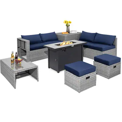 Front. Pefilos - 9 Pieces Patio Furniture Set with Waterproof Cover, Outdoor Furniture Set with 42 Inches 60000 BTU Fire Pit - Blue.
