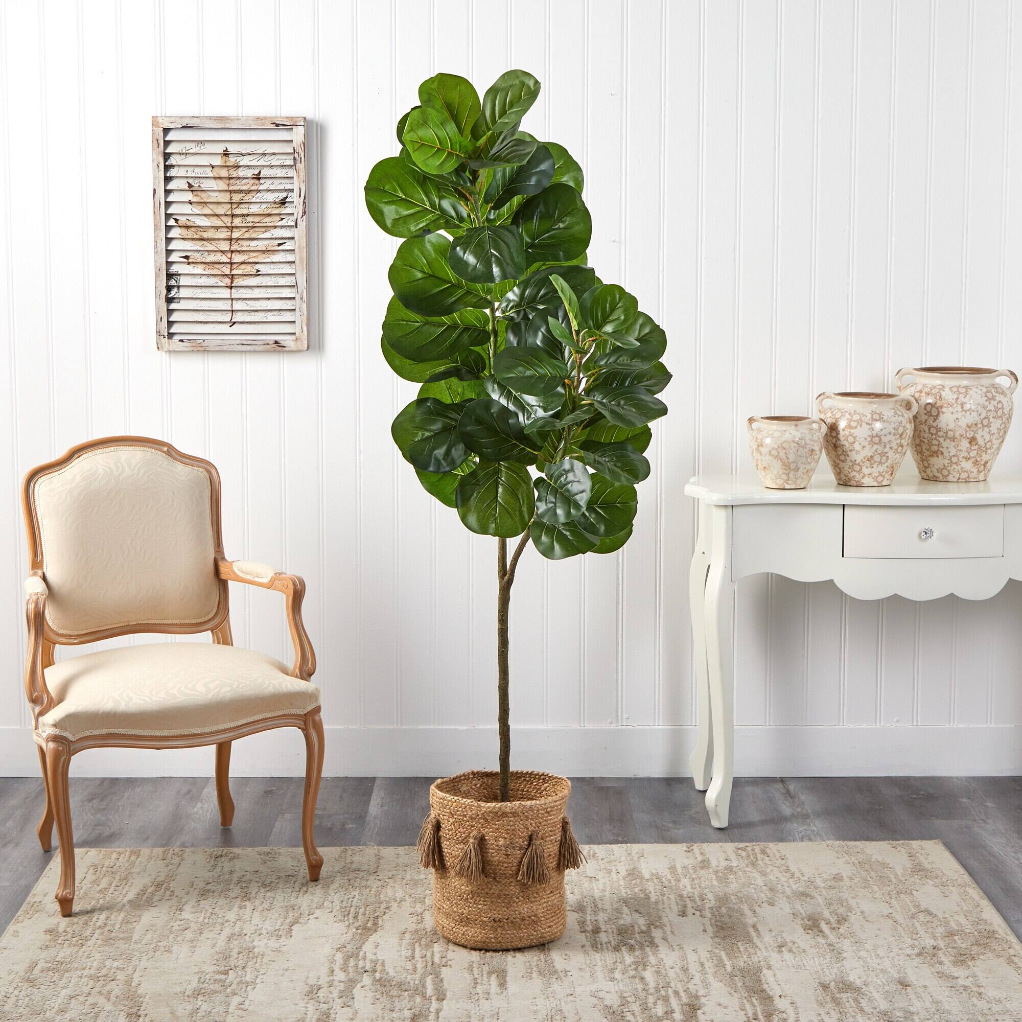 Left. BreeBe - 5.5' Fiddle Leaf Fig Tree in Natural Jute Planter w/Tassels - Green.