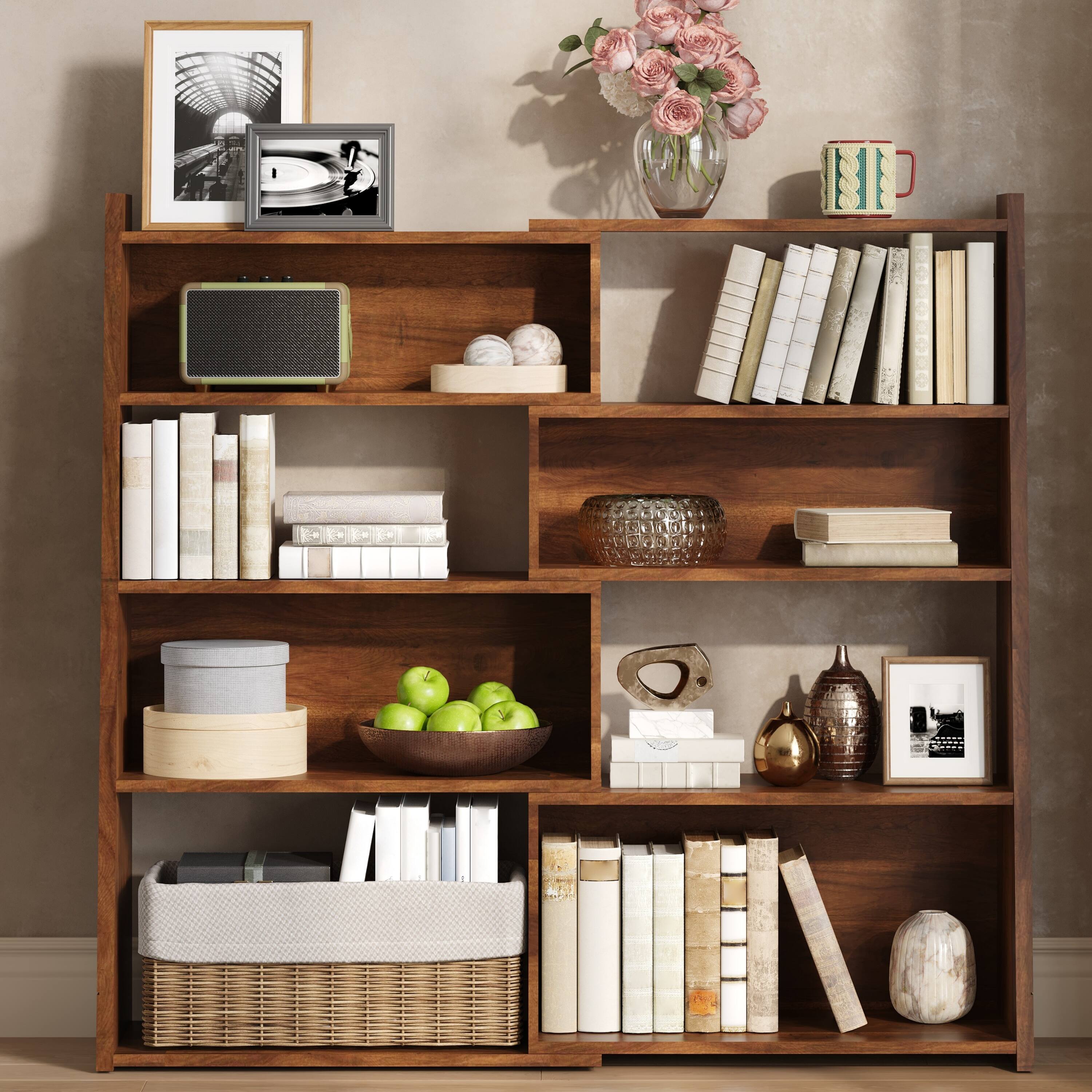 Angle. Z-Edge - Wooden Expandable Bookshelf Storage Rack, 4-Tier L-Shaped Adjustable 2-Piece Bookcase, Extendable up to 47" for Corner - Brown.