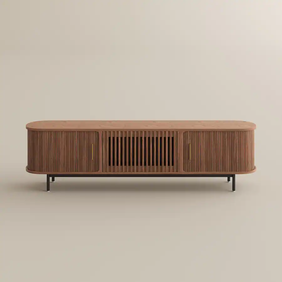 POVISON 79"Mid Century Modern Tambour Door TV Stand Walnut - Best Buy