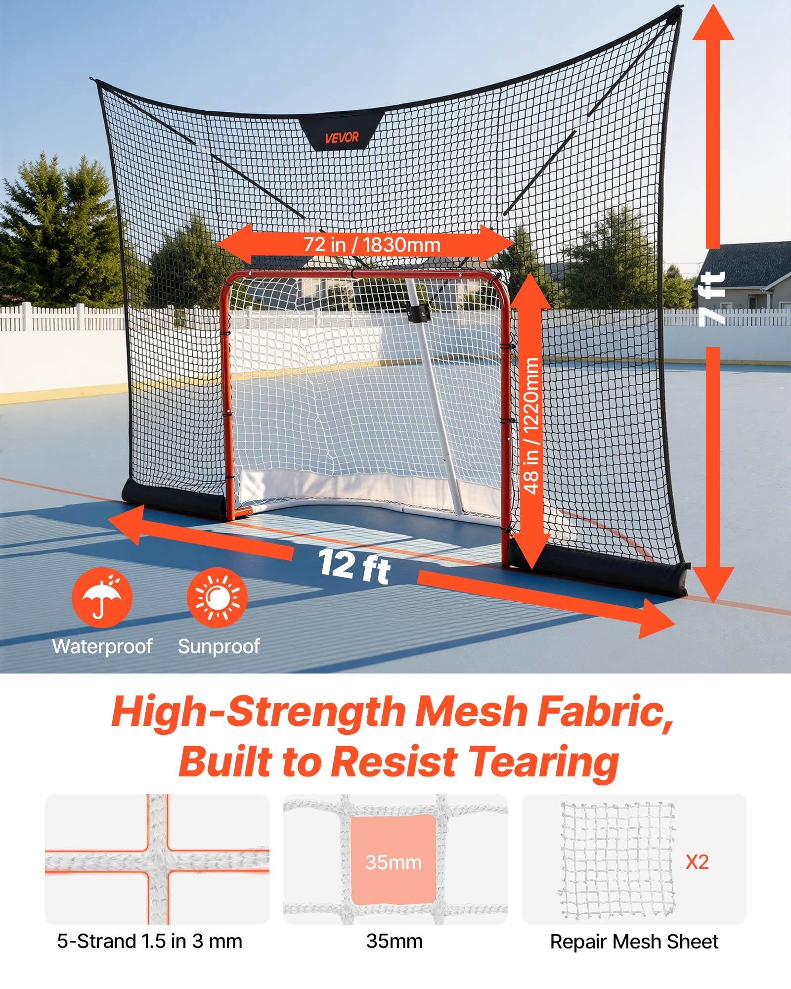 VEVOR 72 in x 1830mm x 1220mm / 48 in x 12 ft Waterproof Sunproof High-Strength Mesh Fabric, Built to Resist Tearing 35mm X2 5-Strand 1.5 in x 3 mm 35mm Repair Mesh Sheet