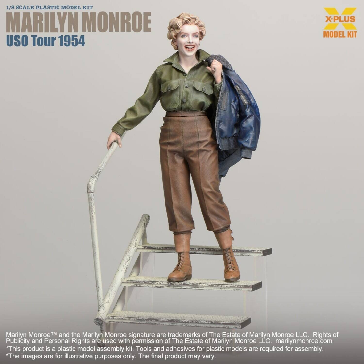 1/8 SCALE PLASTIC MODEL KIT  
MARILYN MONROE  
USO Tour 1954  

X-PLUS  
MODEL KIT  

Marilyn Monroe™ and the Marilyn Monroe signature are trademarks of The Estate of Marilyn Monroe LLC. Rights of Publicity and Personal Rights are used with permission of The Estate of Marilyn Monroe LLC. marilynmonroe.com  

*This product is a plastic model assembly kit. Tools and adhesives for plastic models are required for assembly.  
*The images are for illustrative purposes only. The final product may vary.