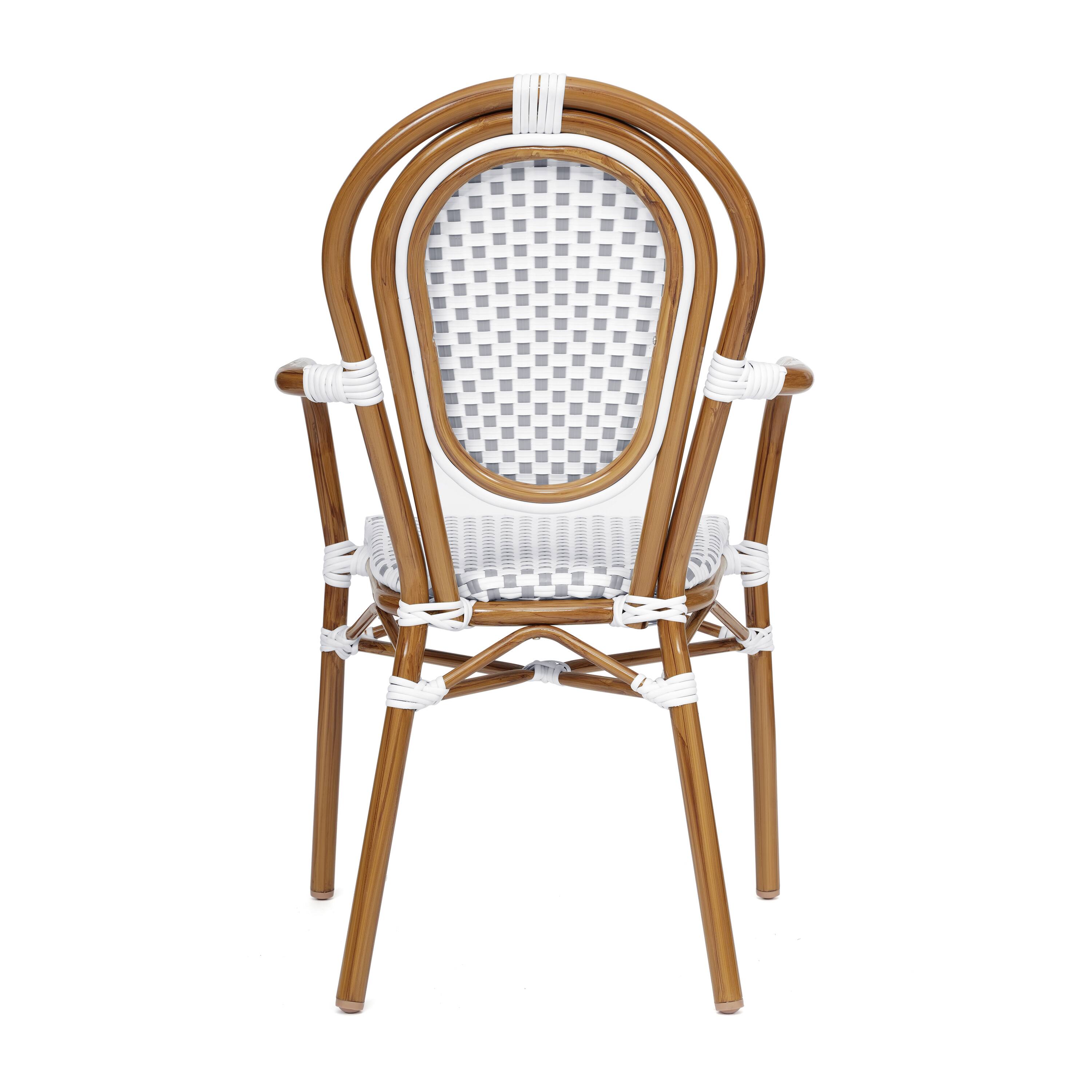 Alt View 7. Emma + Oliver - Colmar Set of Two Indoor/Outdoor Stacking Thonet Bistro Style Chairs with Arms, PE Rattan Seat and Metal Frame - White & Gray/Natural Frame.